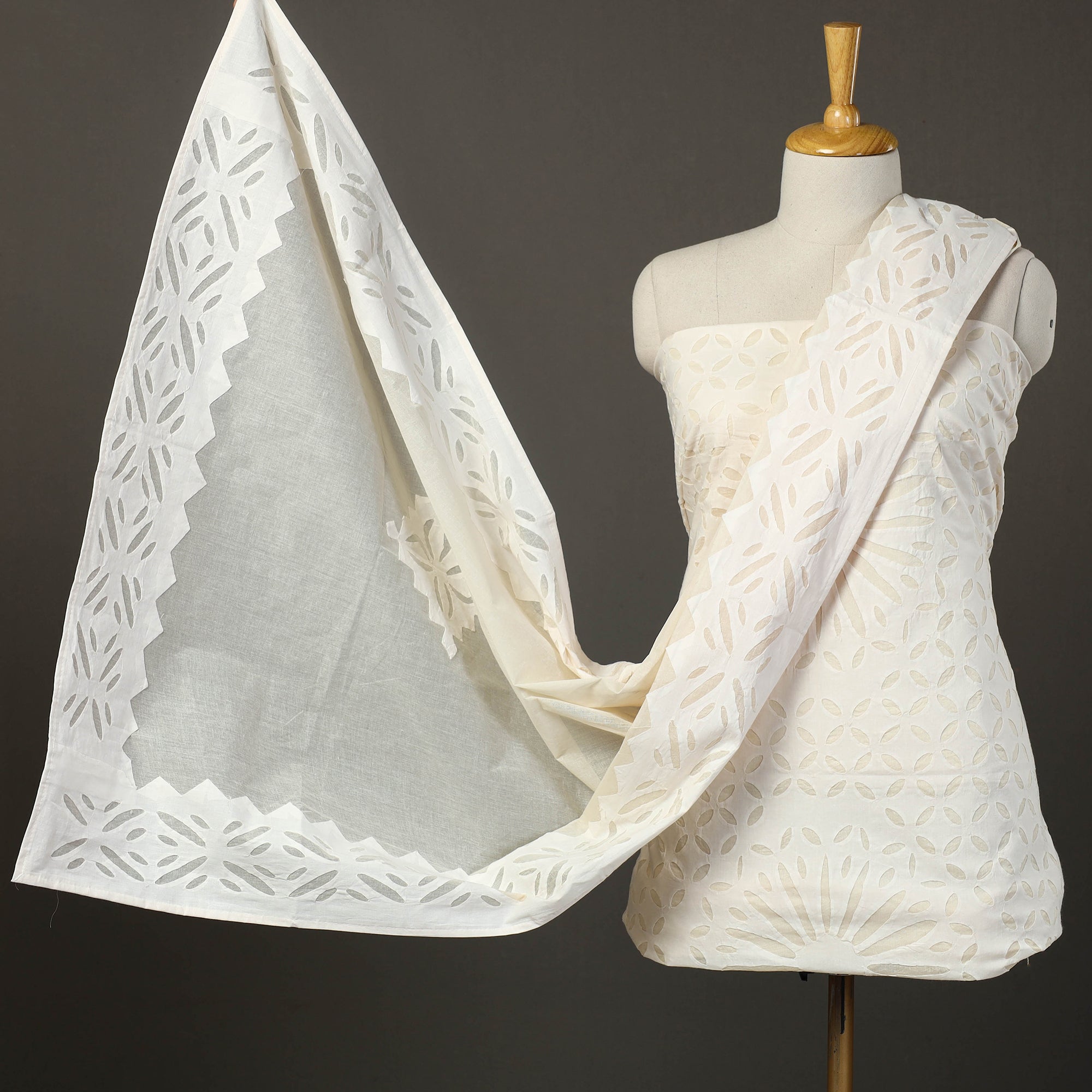SHADES OF MARUDHARA White - 3pc Cut Work Cotton Barmer Applique Dress Material 27