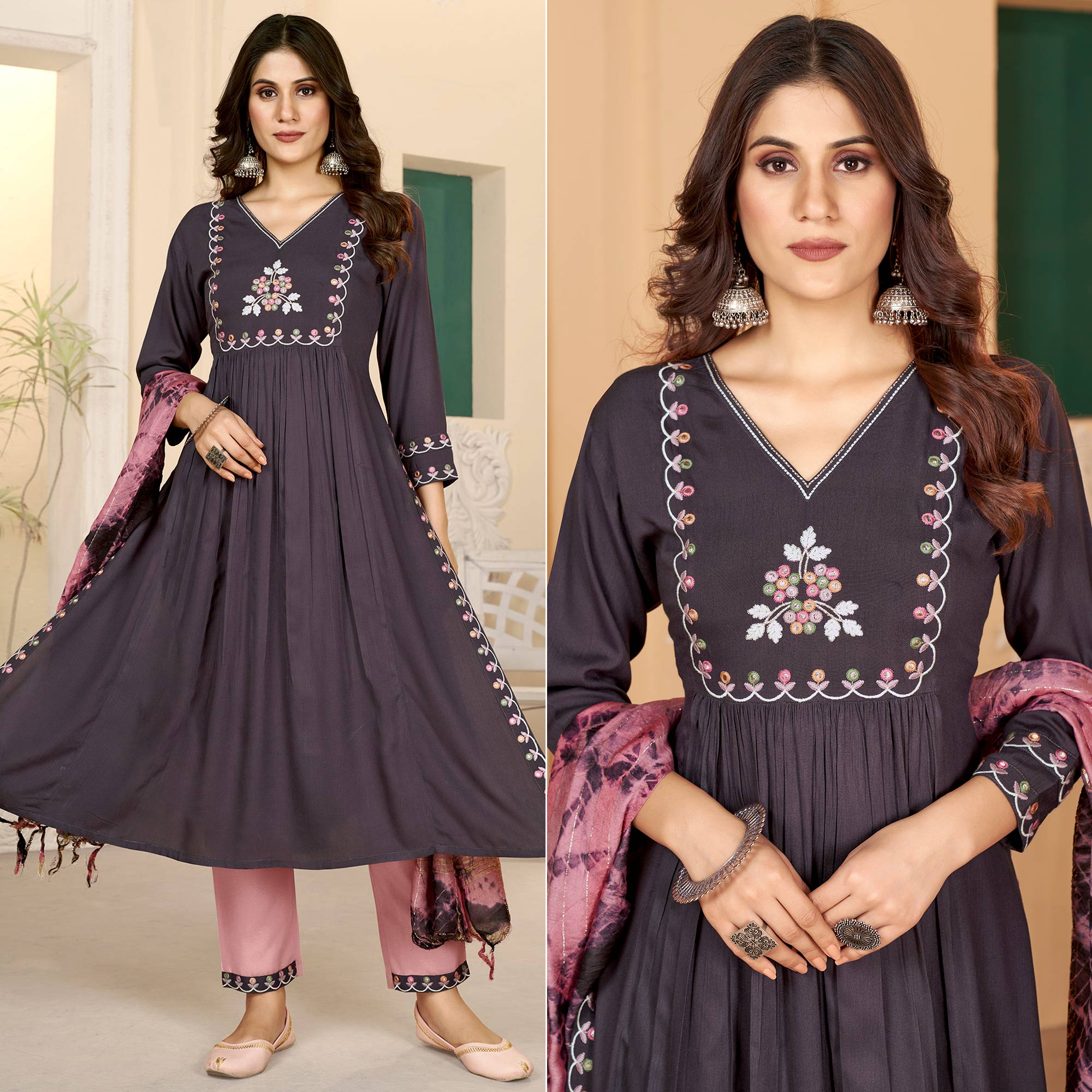 Peachmode Seller Brown Embroidered Rayon Suit