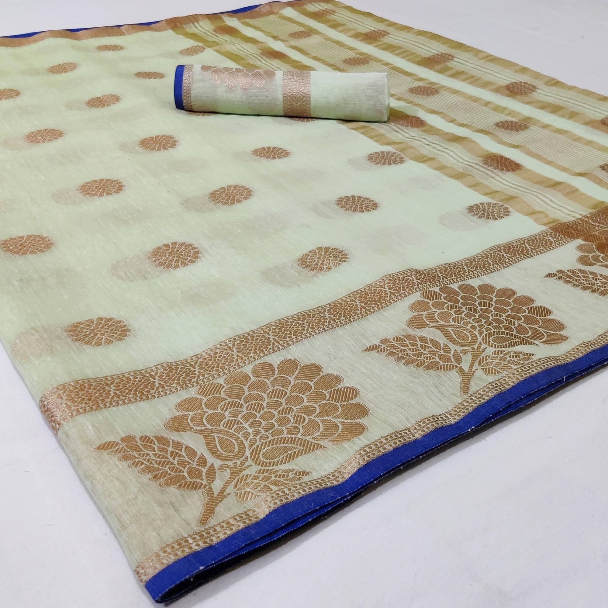 Peachmode Mesmerising Pastel Green Colored Festive Wear Woven Linen Saree