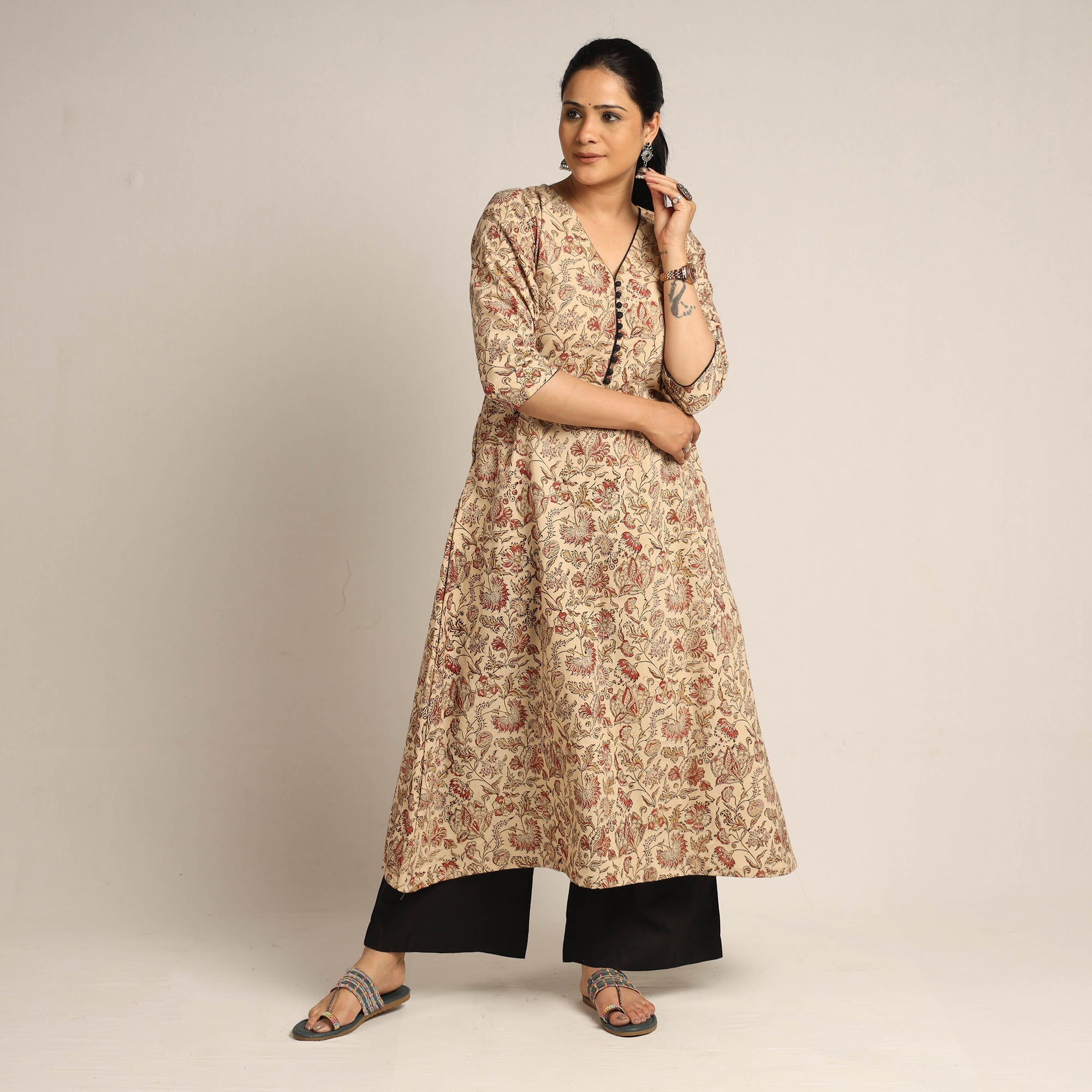 ITOKRI CASUALS Beige - Pedana Kalamkari Block Printed Cotton Kurta with Palazzo Set