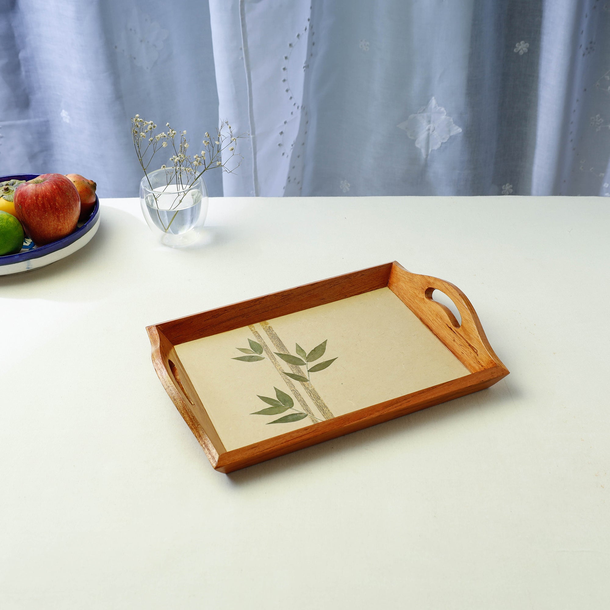 SHRADHANJALI - AN AUROVILLE UNIT Beige - Bamboo Art Work Wooden Tray with Handles (12.5 x 9 x 1 in)