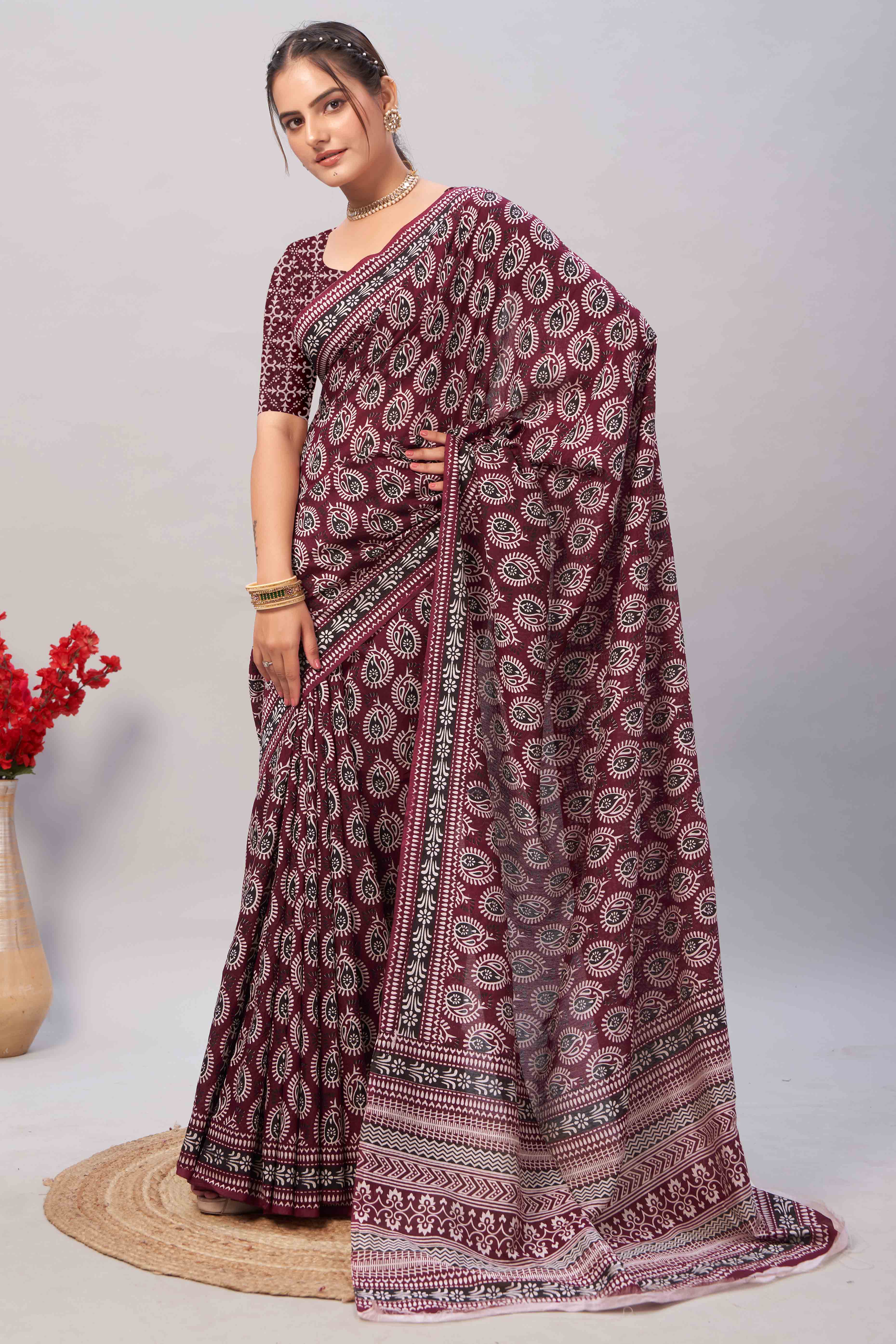 Peachmode Dark Maroon Ajrakh Printed Cotton Blend Saree