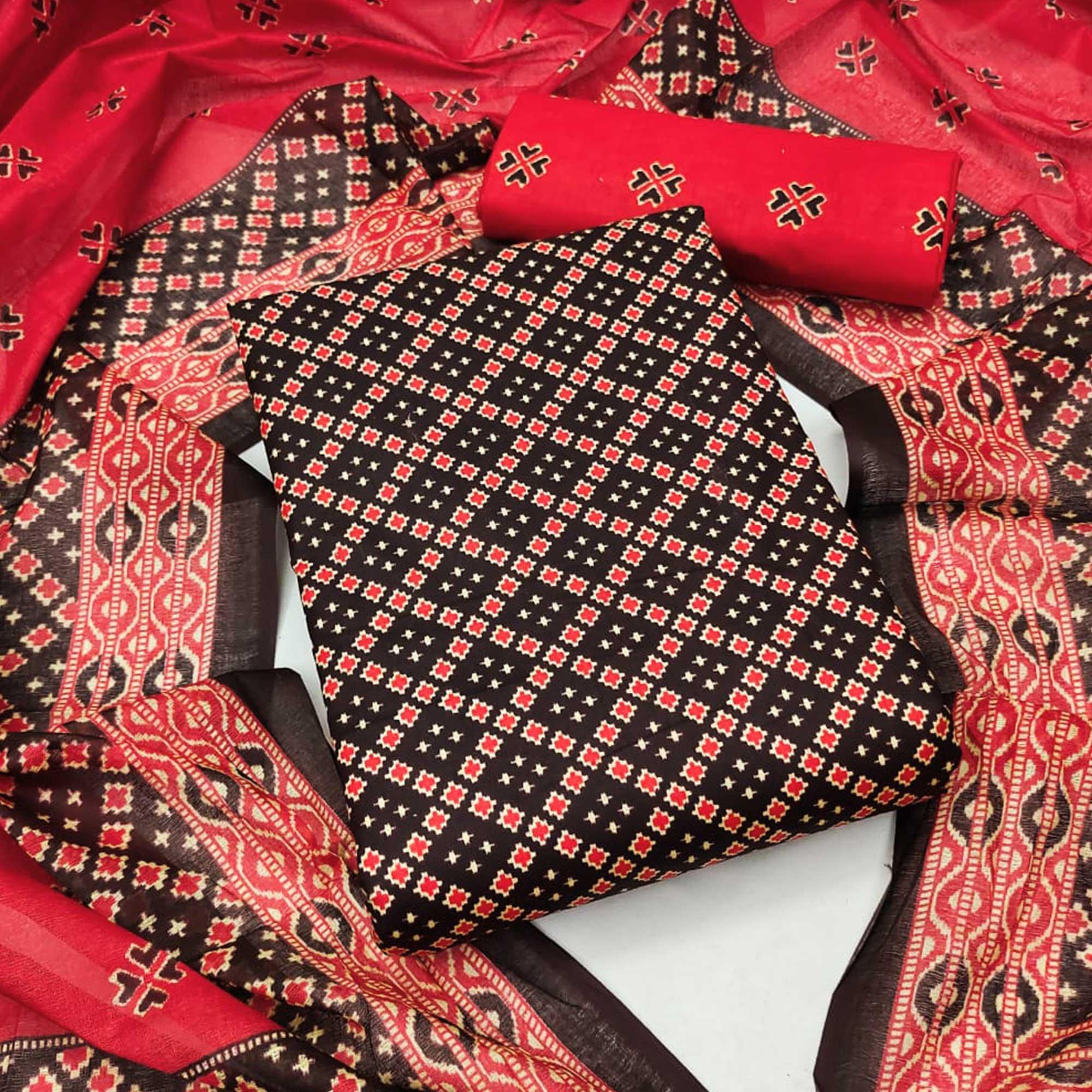 Peachmode Coffee Ikkat Printed Pure Cotton Dress Material