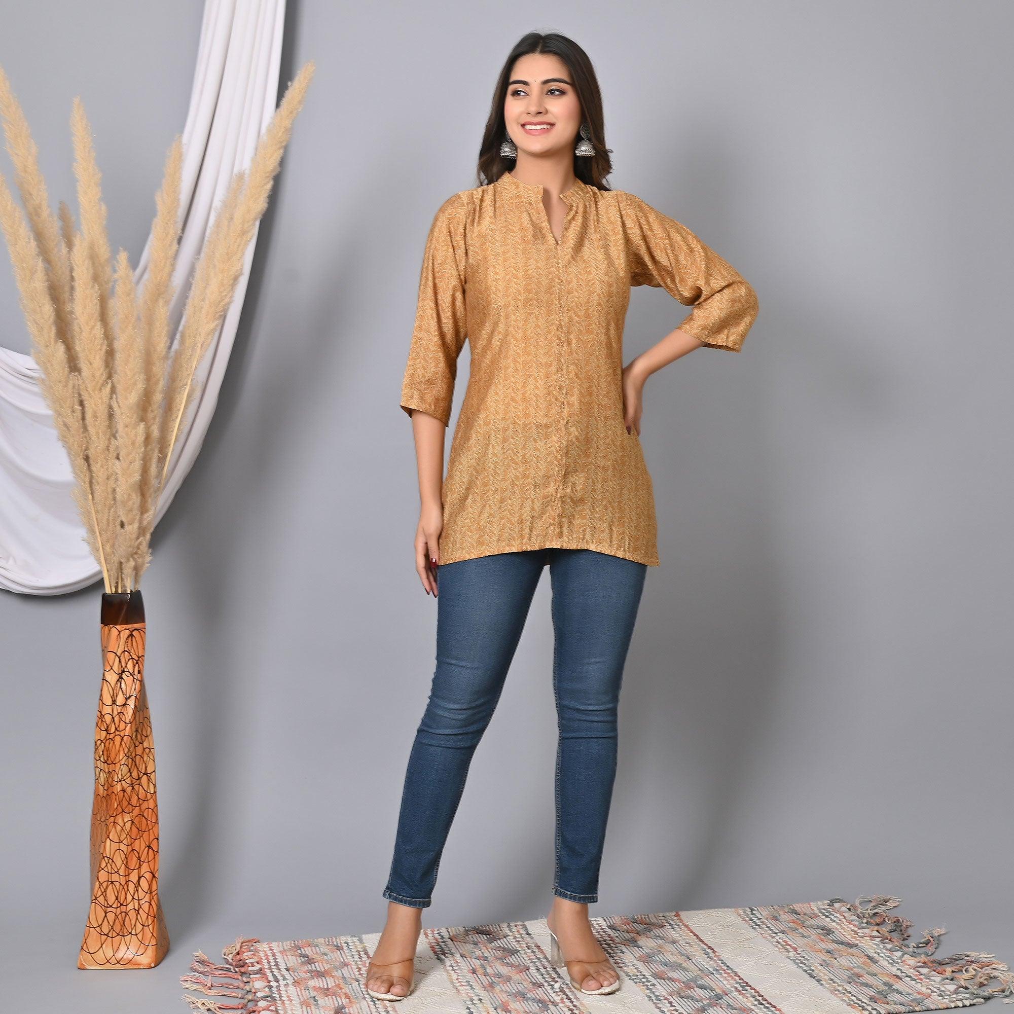 Peachmode Chikoo Colored Floral Printed Chanderi Top - view 8