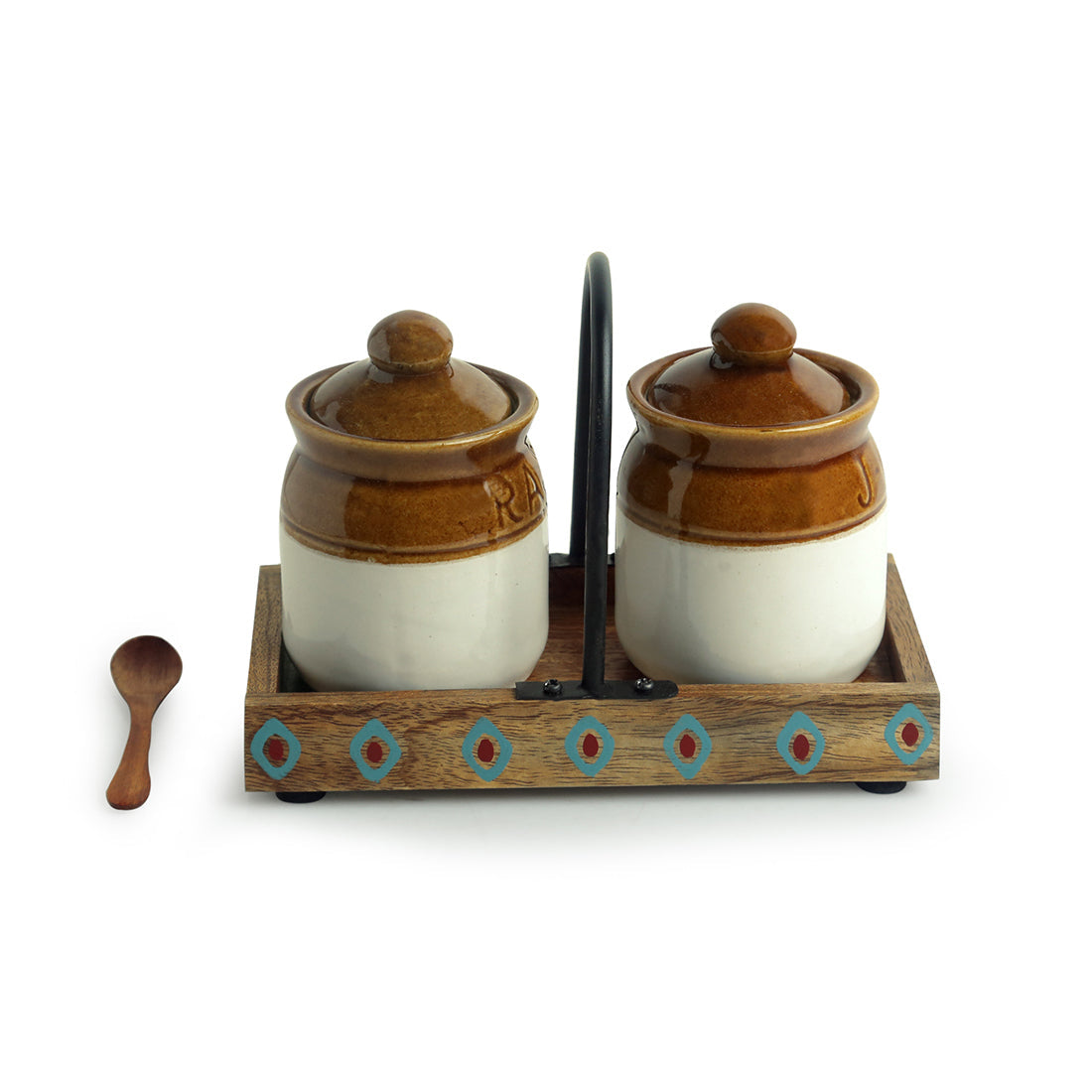 EXCLUSIVELANE 'Old Fashioned Martaban' Ceramic Chutney & Pickle Jar Set With Tray (Set of 2, 225 ML) - view 3