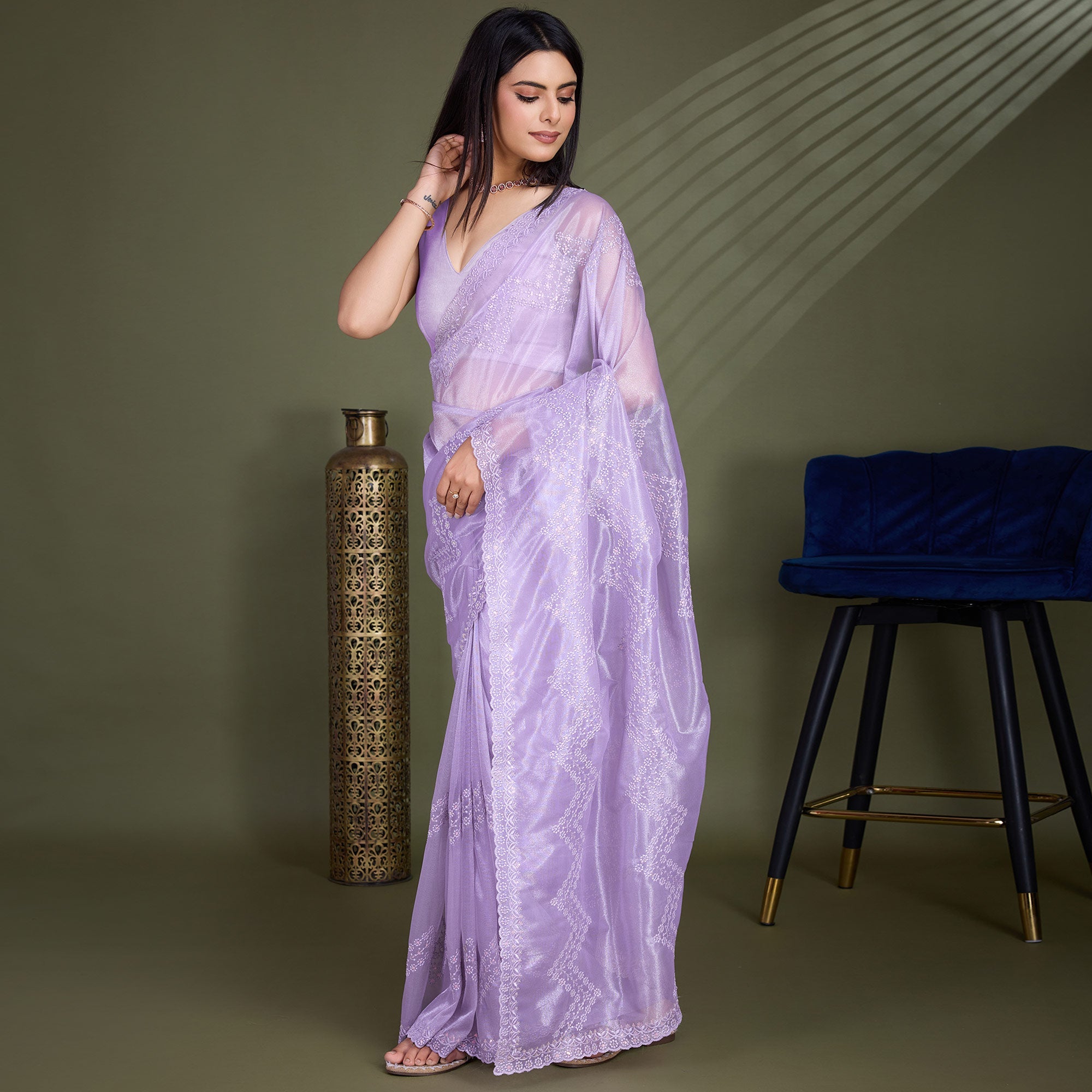 Peachmode Lavender Sequins Embroidered Shimmer Net Saree - view 2