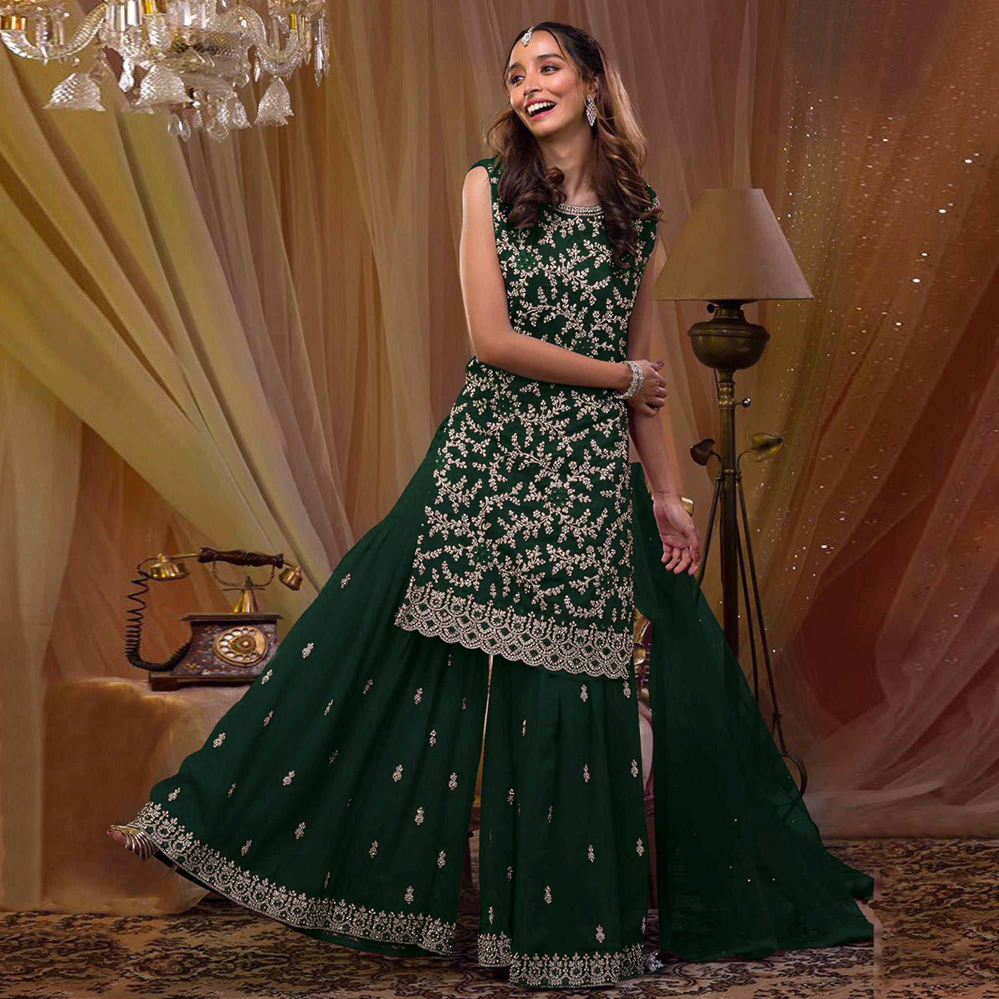 Peachmode Dark Green Floral Embroidered Georgette Semi Stitched Sharara Suit