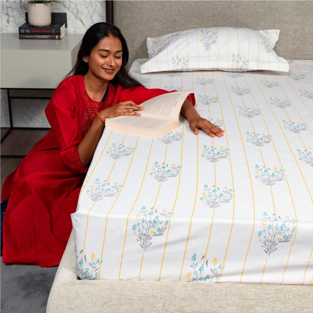 Urban Space -Home Furnishing Store Fitted King Size Cotton Bedsheet - Yellow Dahlia