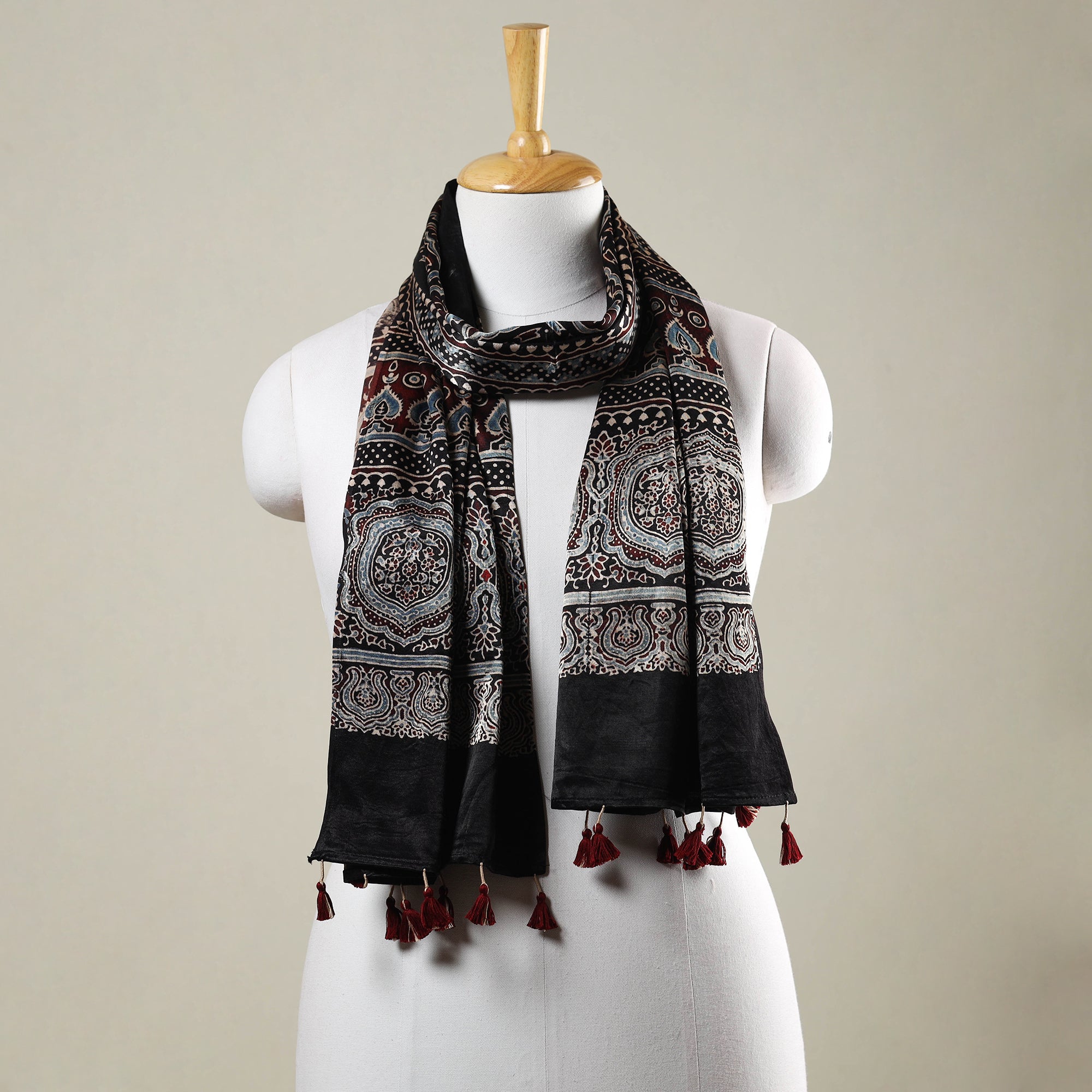 RIYAZ ABDULMAJID KHATRI - AJRAKH Black - Ajrakh Hand Block Printed Mashru Silk Stole with Tassels