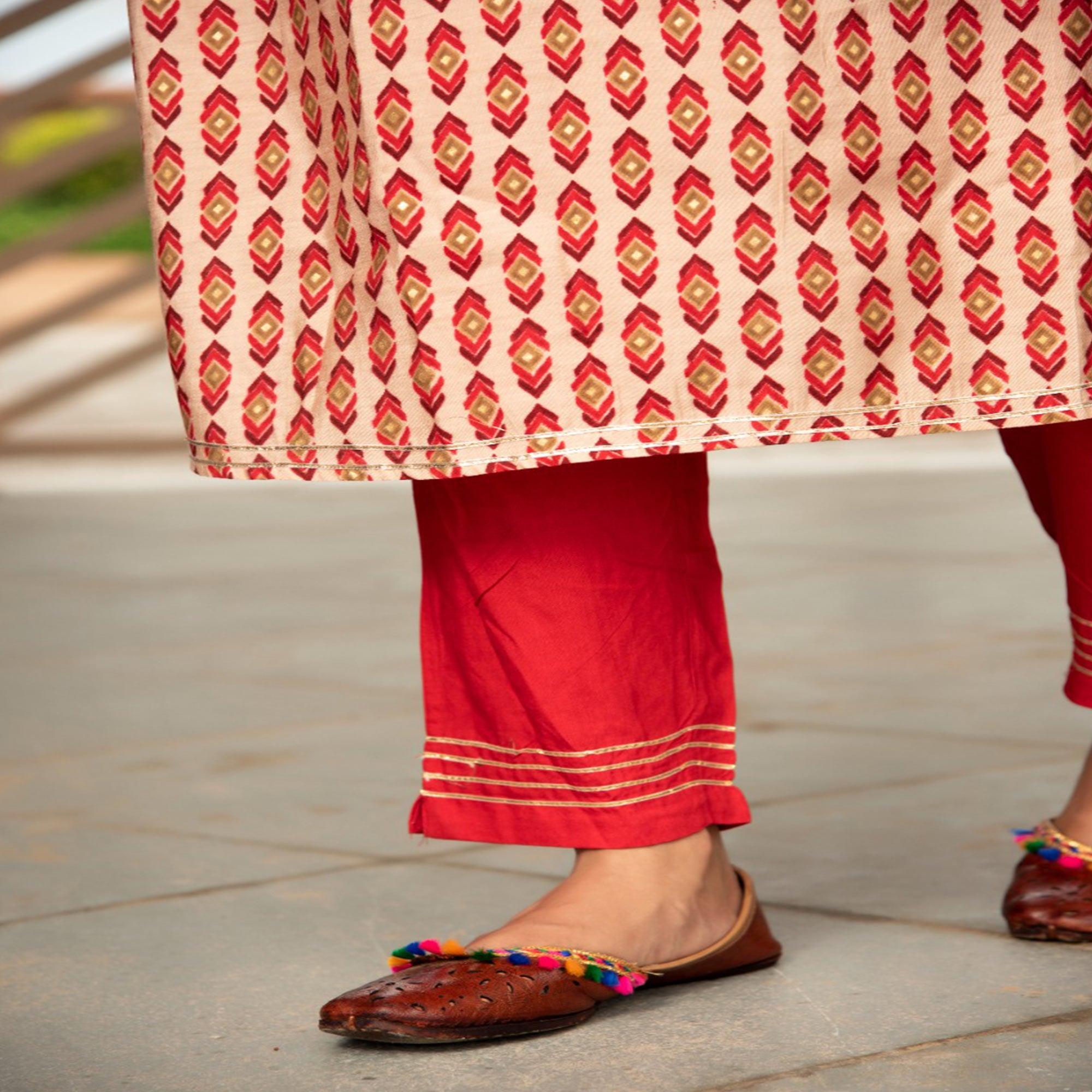 Peachmode Cream Partywear Printed With Embellished Cotton Kurti Pant Set - view 4