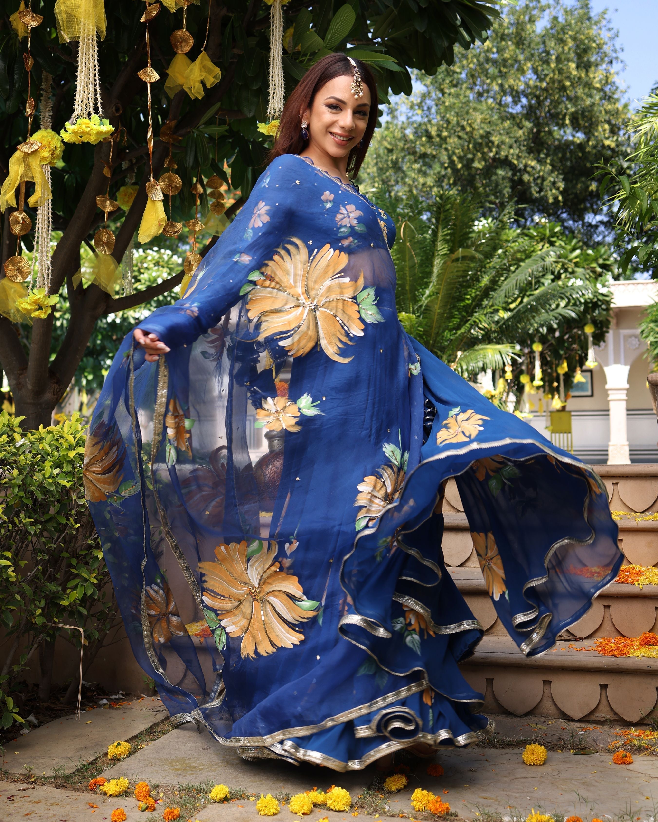 Aachho Madison Blue Handpainted Georgette Lehenga Set - view 8