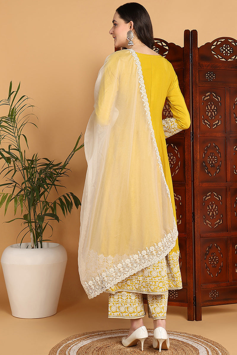 Ahika Yellow Silk Blend Solid Embroidered Flared Suit Set PKSKD2193 - view 3