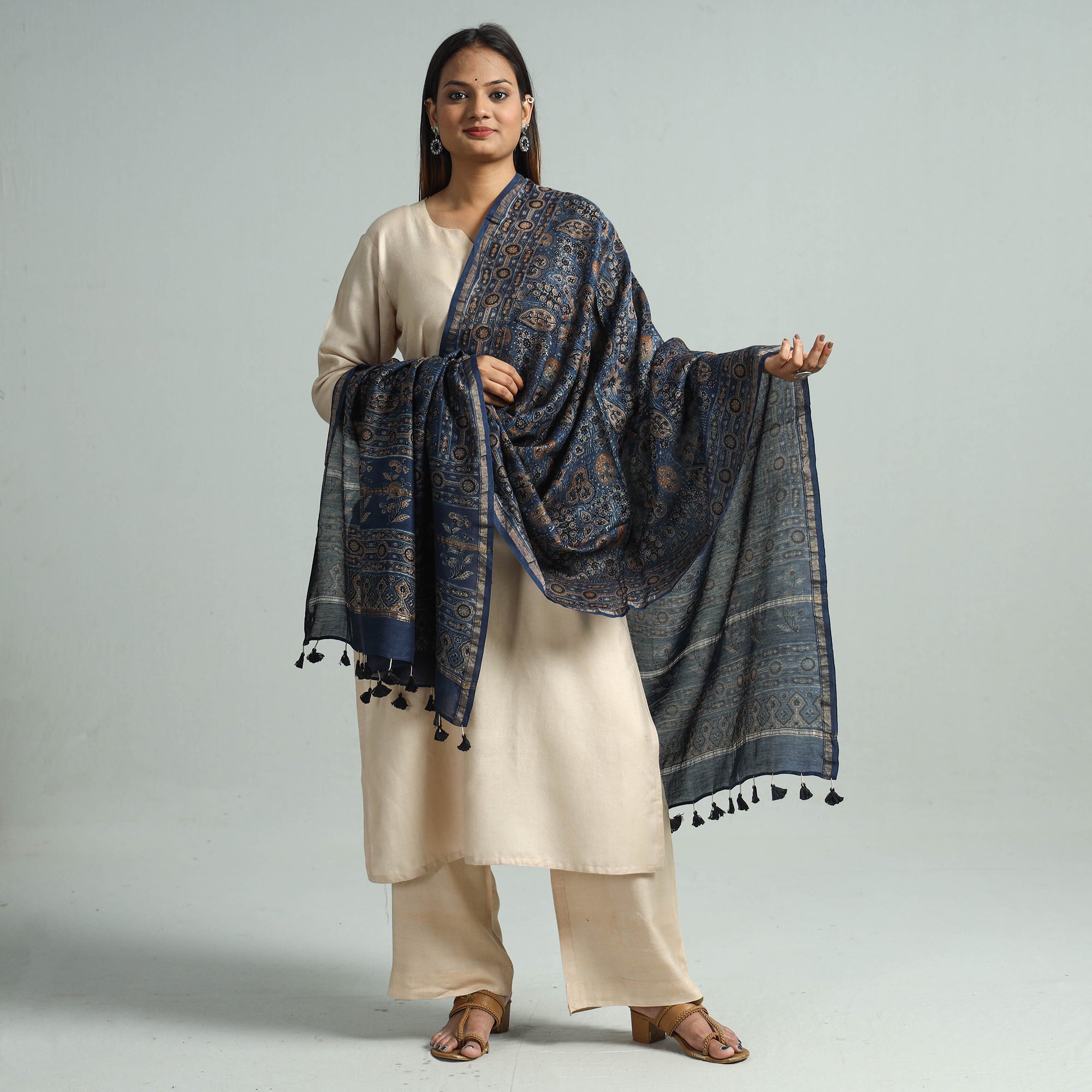 KACHCHH JI CHHAAP Blue - Hand Block Print Chanderi Silk Ajrakh Dupatta 65 - view 2
