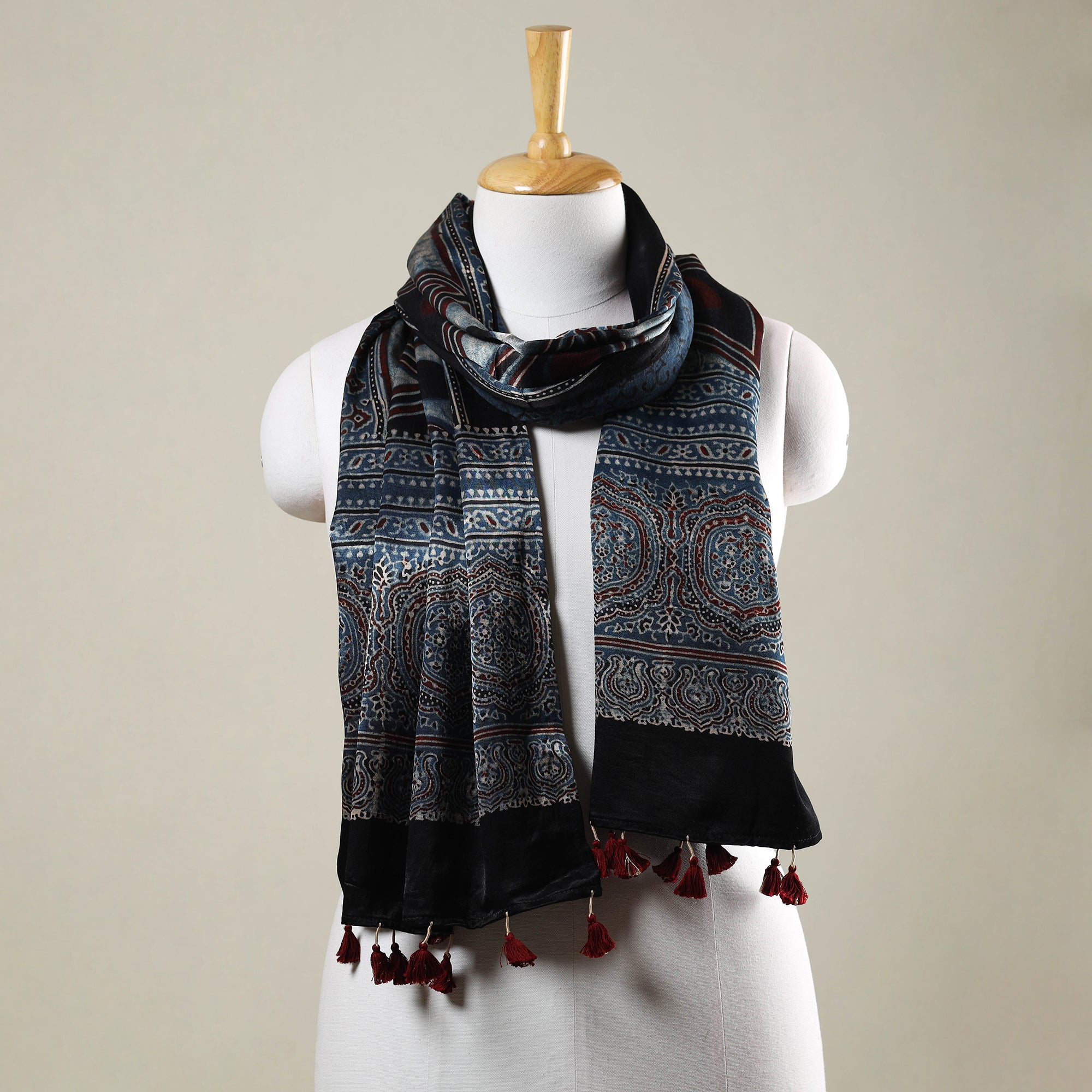 RIYAZ ABDULMAJID KHATRI - AJRAKH Blue - Ajrakh Hand Block Printed Mashru Silk Stole with Tassels