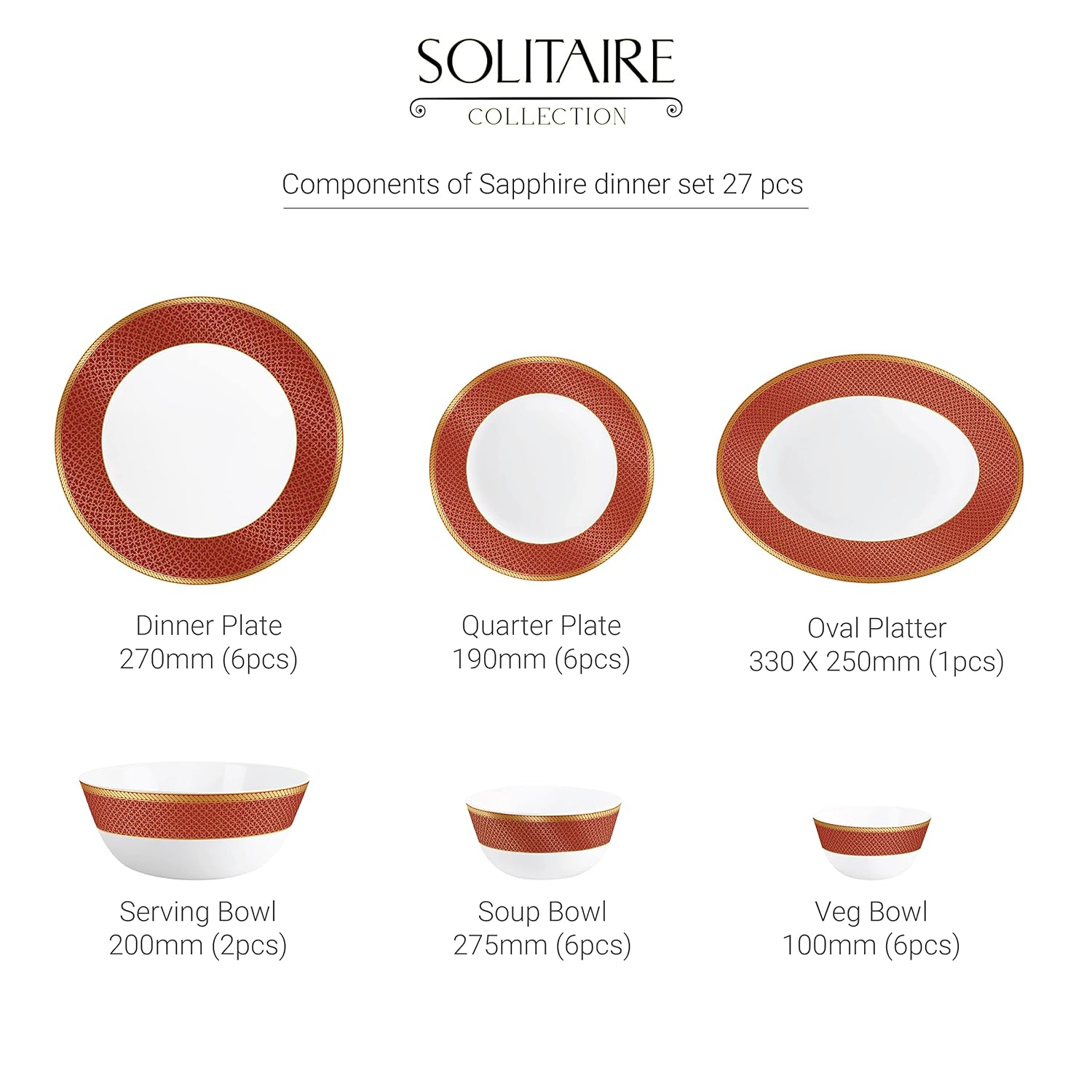Cello Solitaire Series 27 Pieces Ruby Opalware Dinner Set, Family of 6 - view 3