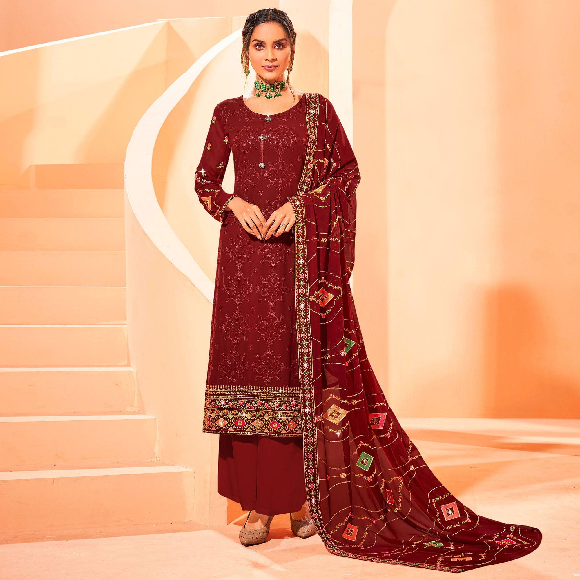 Peachmode Maroon Partywear Embellished With Embroidered Georgette Palazzo Suit - view 5
