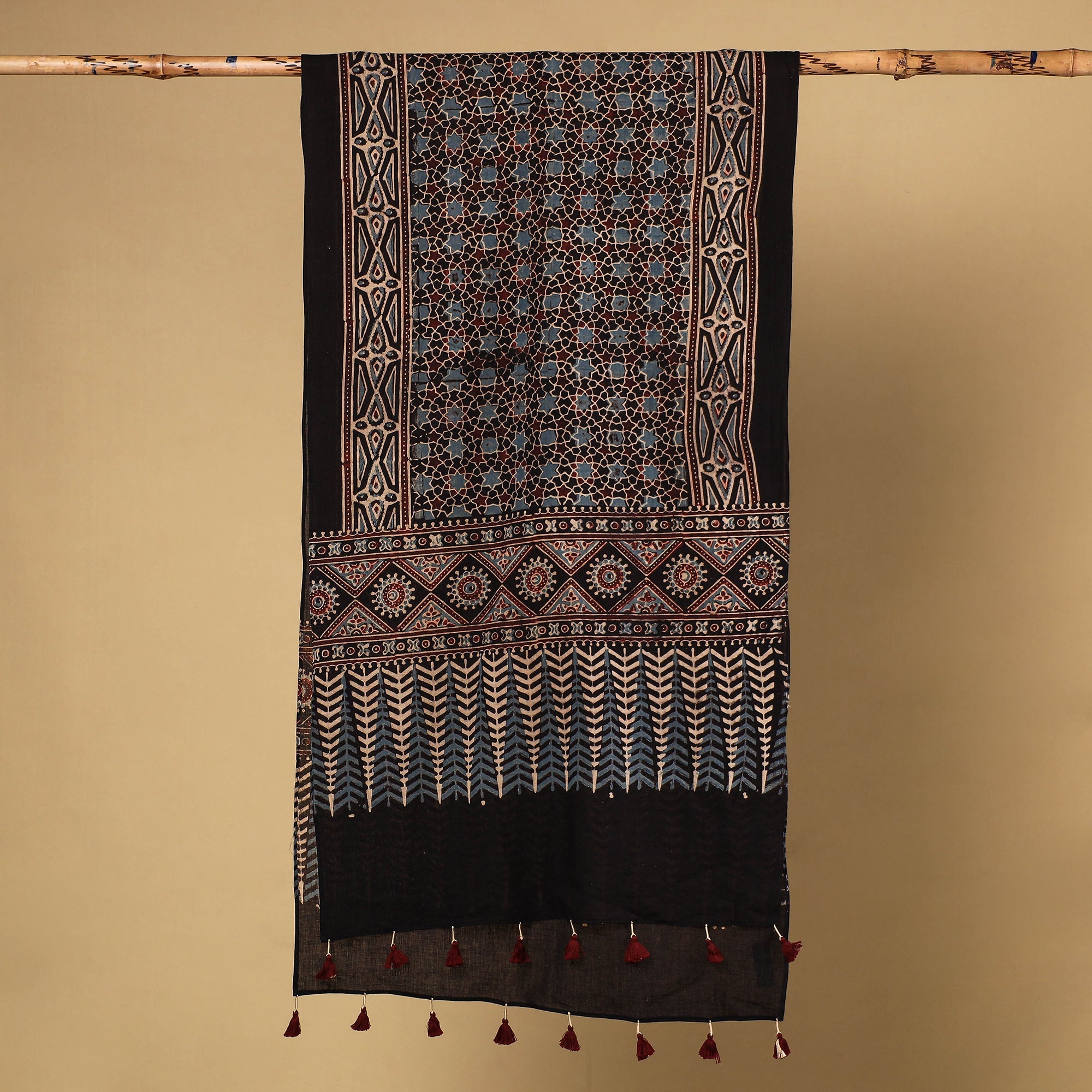 RIYAZ ABDULMAJID KHATRI - AJRAKH Black - Ajrakh Block Printed Mul Cotton Stole with Tassels - view 2