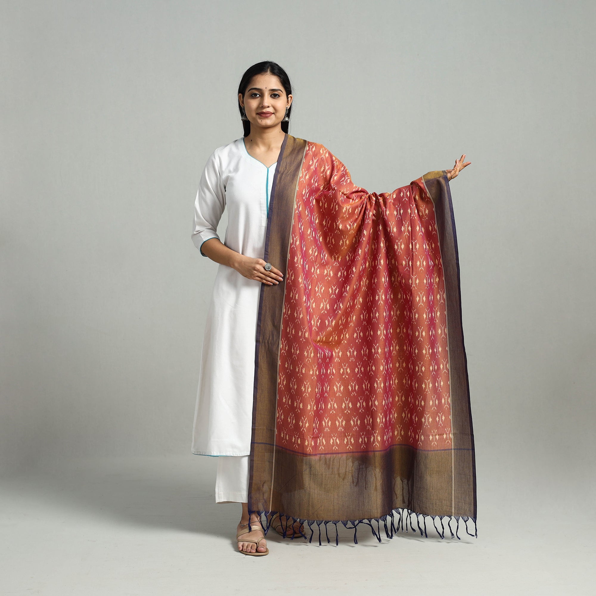 itokri crafts initiative Brown - Handloom Mercerized Cotton Pochampally Ikat Dupatta 04