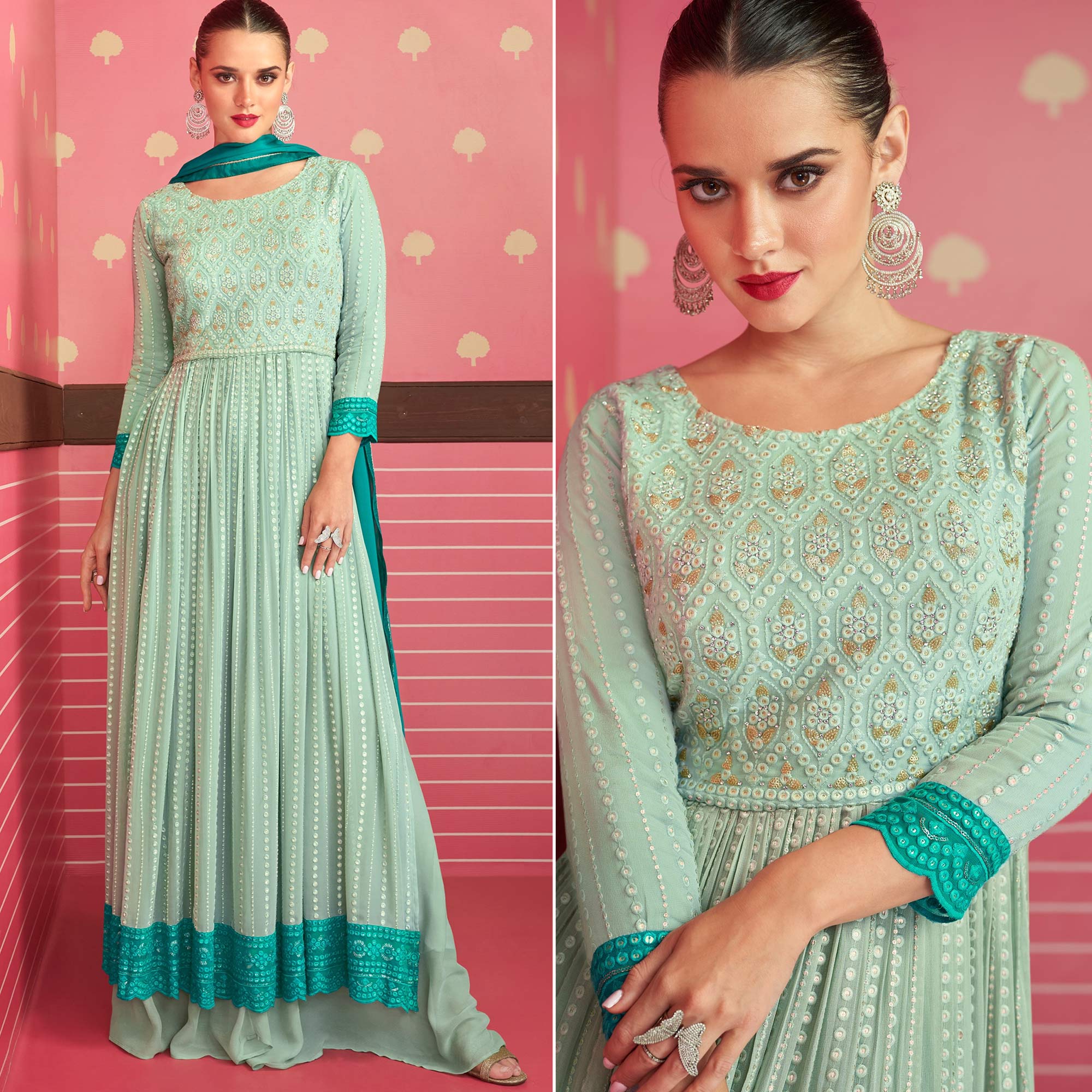 Peachmode Seller Light Green Sequins Embroidered Georgette Naira Cut Sharara Suit