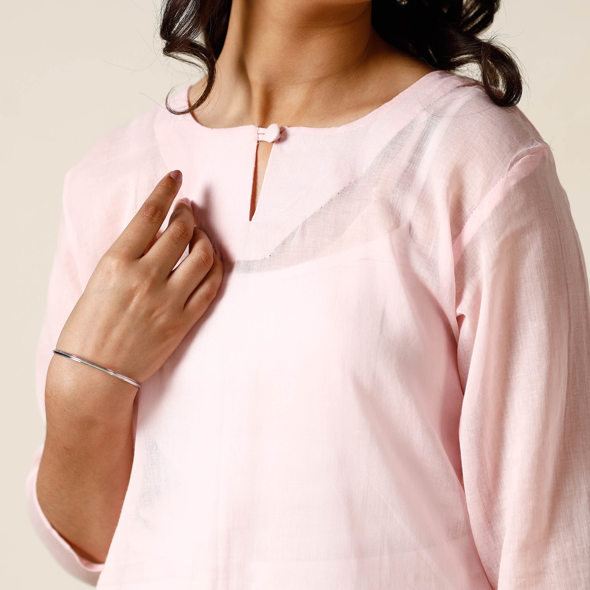 Baby Pink - Mulmalai Cotton Plain Dyed Straight Long Kurta 28 - view 5
