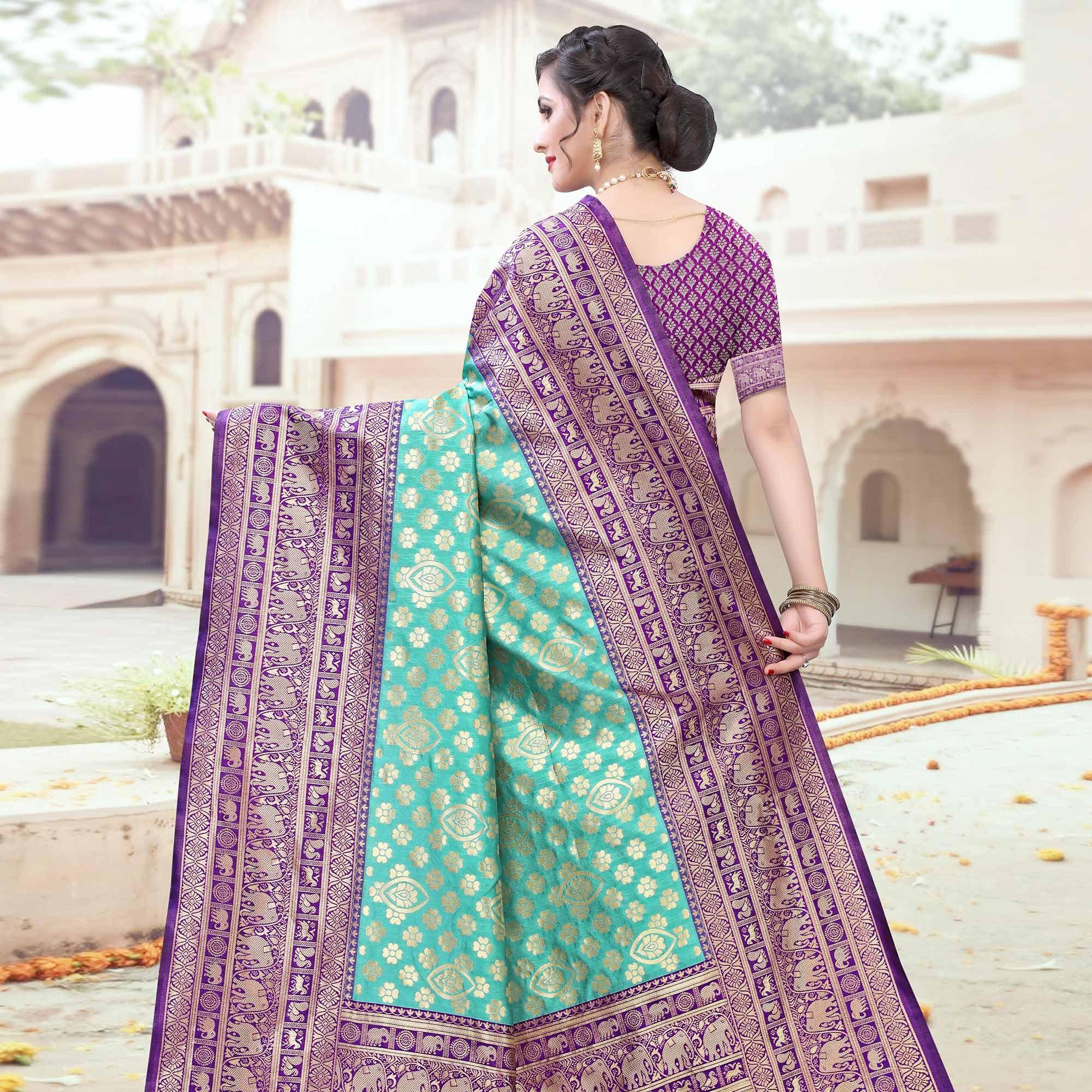 Peachmode Elegant Green Colored Festive Wear Woven Heavy Banarasi Silk Saree - view 2