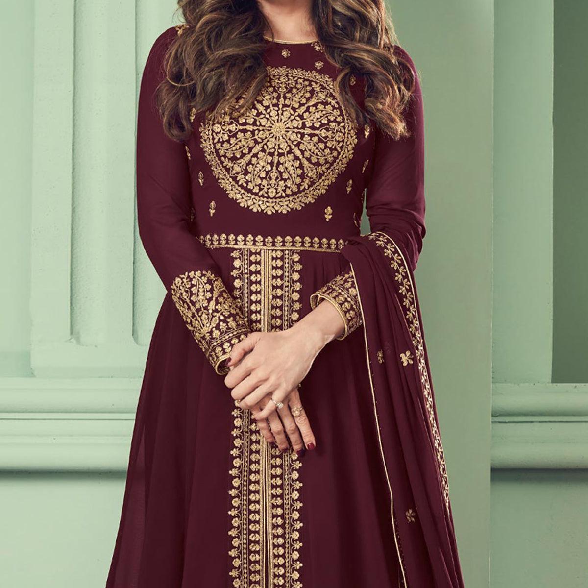 Peachmode Seller Brown Partywear Embroidered Georgette Gown - view 2