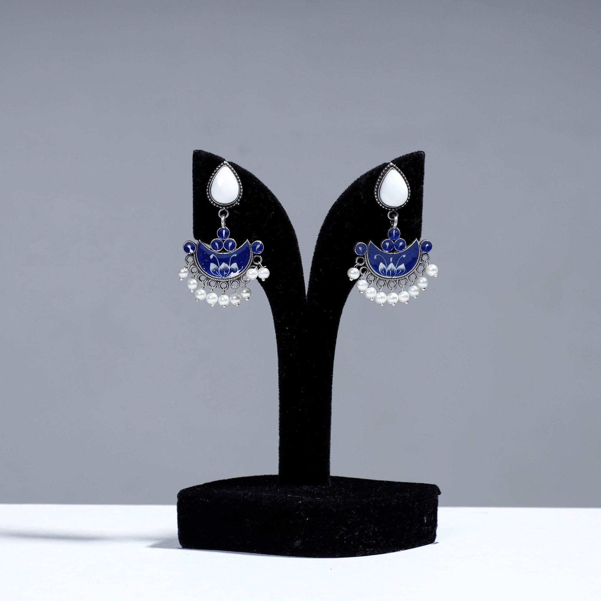 WHITE RIVER STORIES Antique Silver Finish Oxidised Brass Base Enamel & Stone Work Earrings