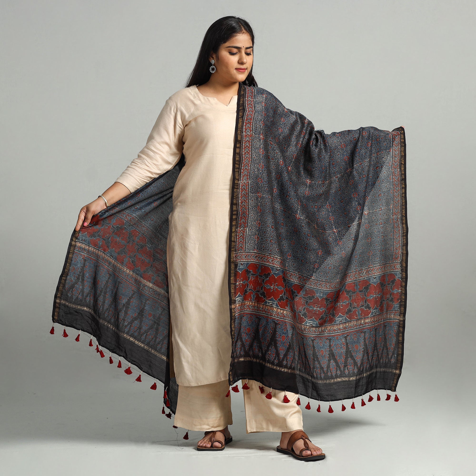 AJRAKH BY SUFIYAN ISMAIL KHATRI Blue - Block Print Chanderi Silk Handloom Ajrakh Dupatta 23