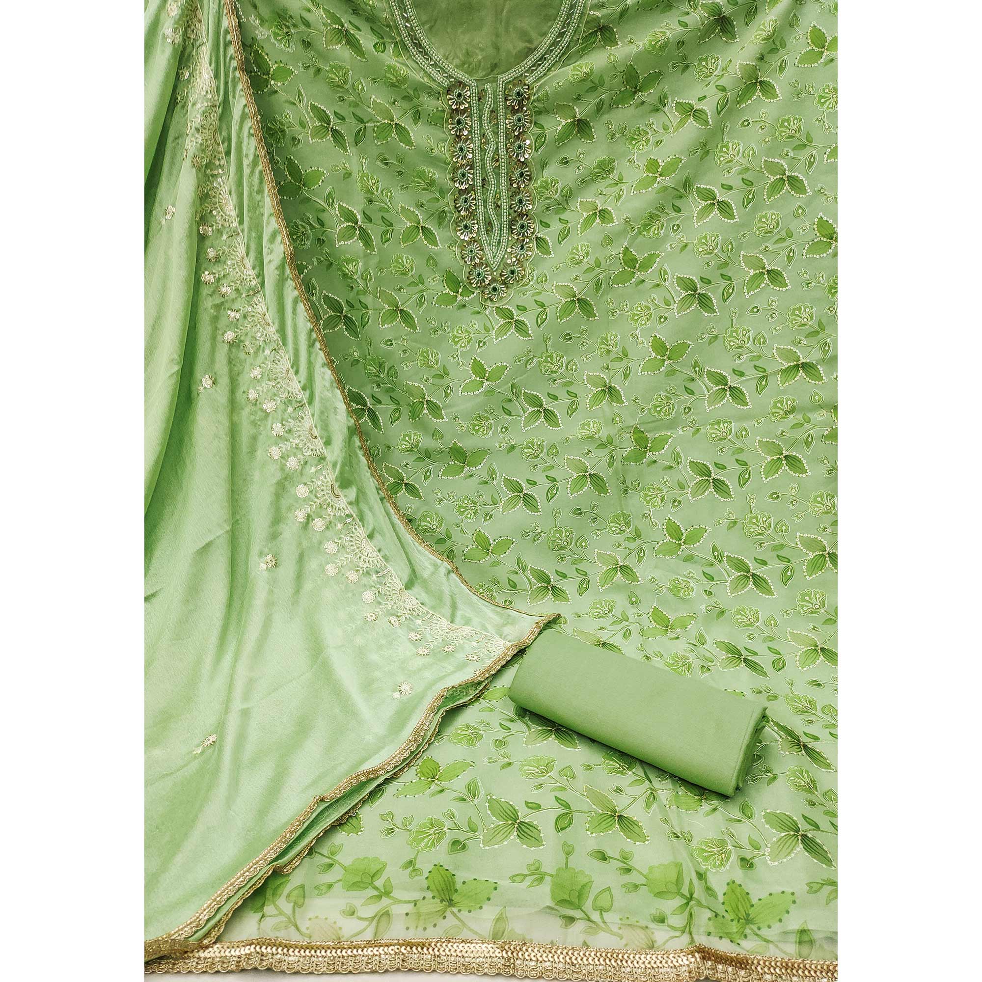 BlackTree green-floral-hand-embroidered-organza-dress-material - view 4
