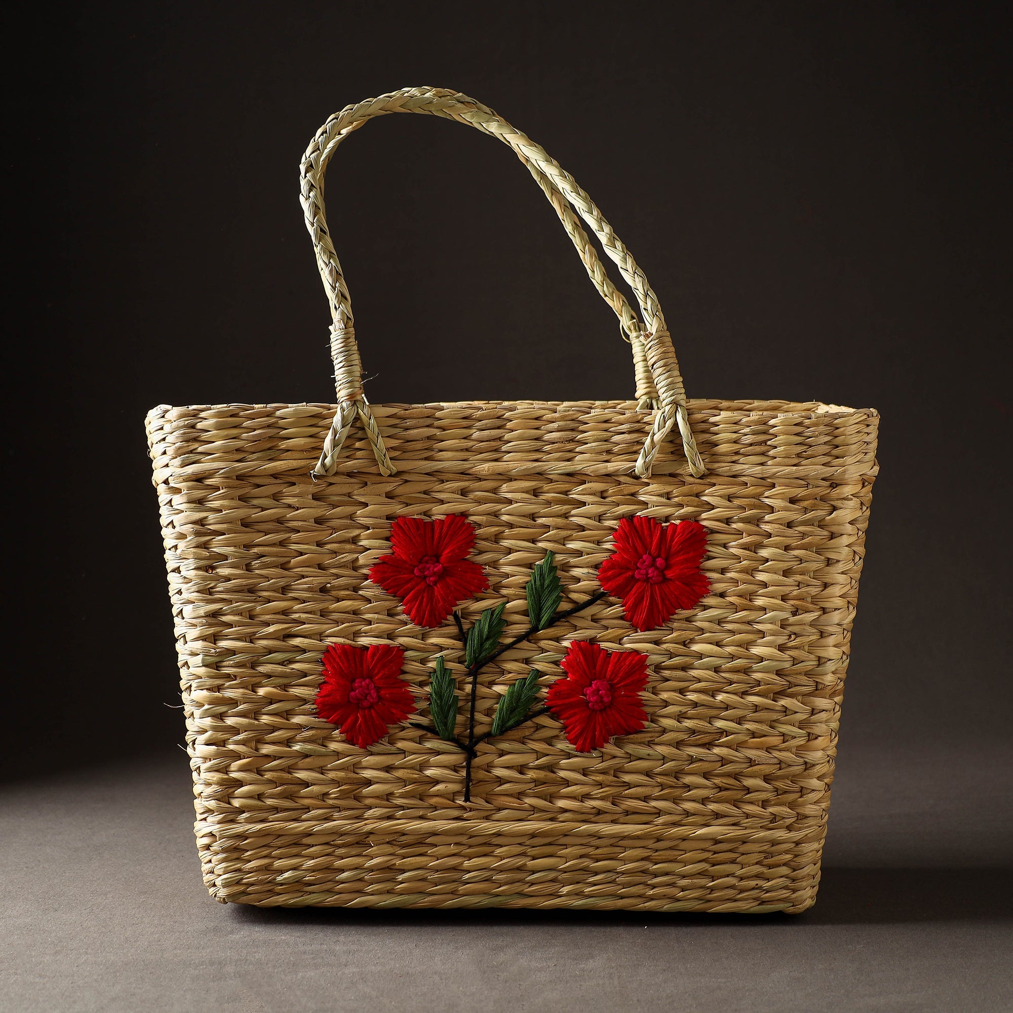 ITOKRI CRAFTS INITIATIVE Beige - Handcrafted Natural Water Reed Embroidered Shopping Bag