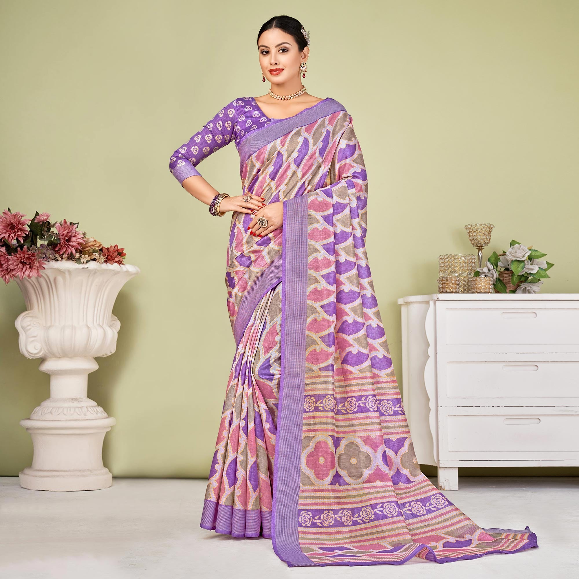 Peachmode Lavender Printed Tussar Silk Saree – Women's