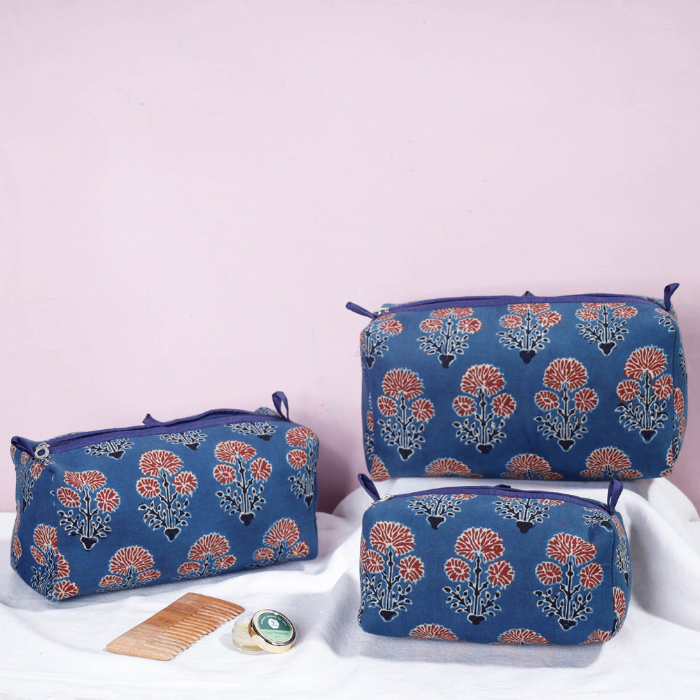 ITOKRI CRAFTS INITIATIVE Blue - Ajrakh Block Printed Cotton Toiletry Bags (Set of 3)