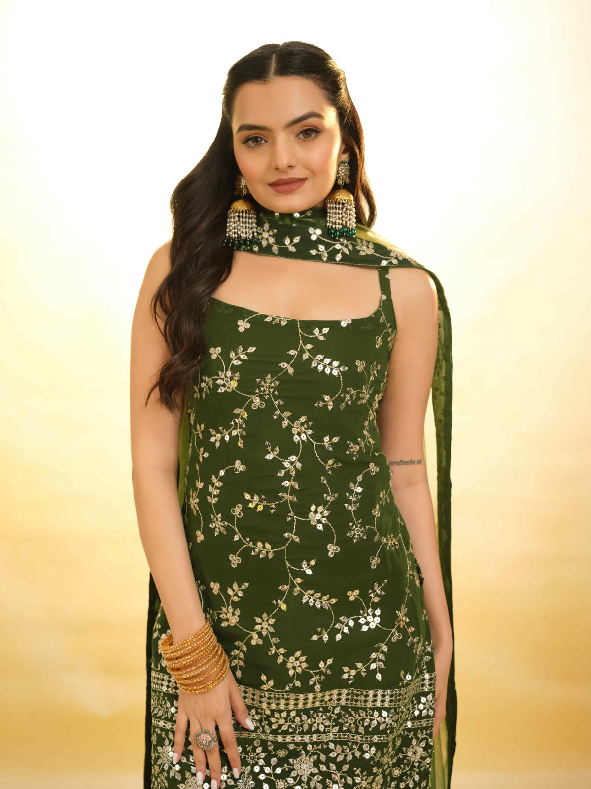 ClothsVilla Mehndi Green Georgette Suit with Embroidery and Shantoon Bottom - view 4