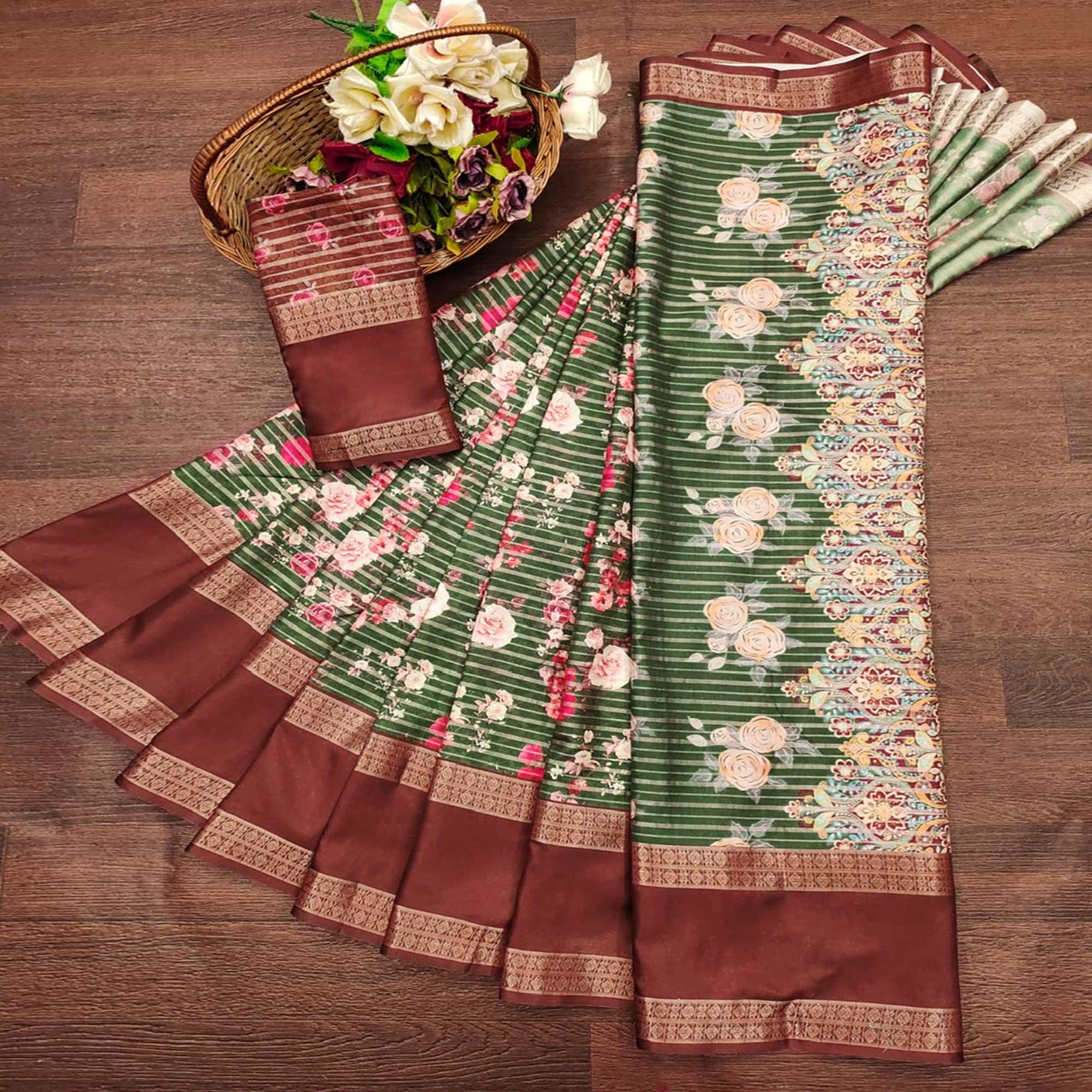 Peachmode Bottle Green Floral Digital Printed Cotton Silk Saree