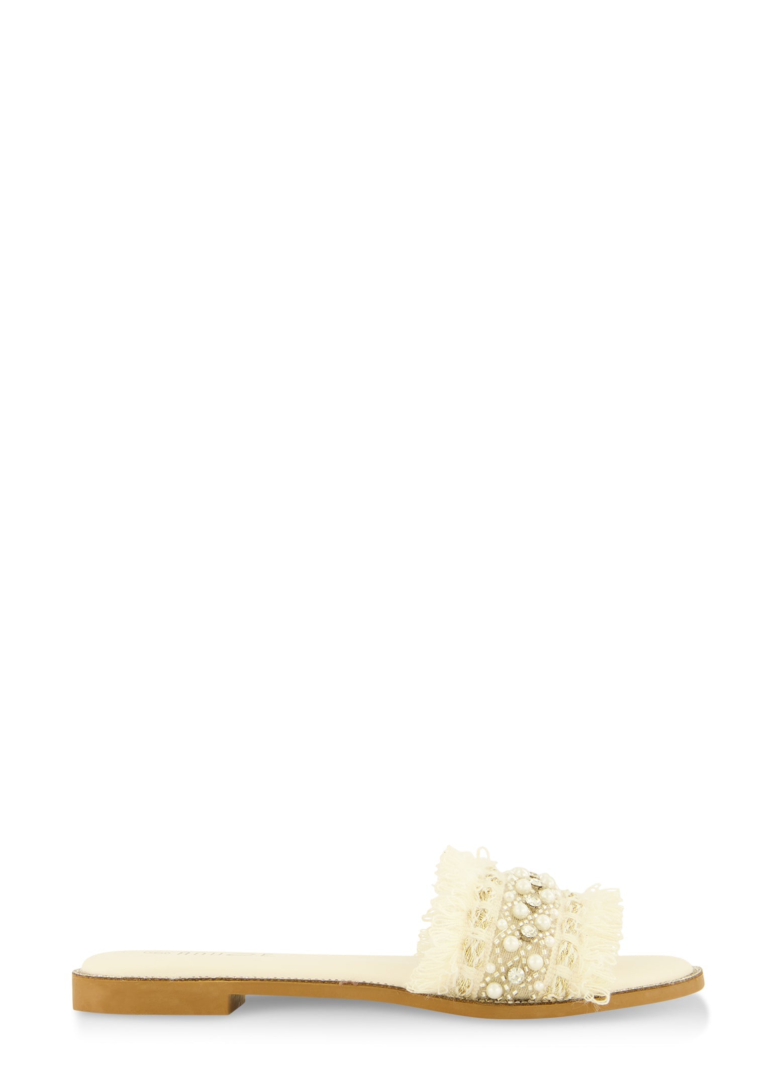 Rainbow Shops Rhinestone Trim Frayed Faux Pearl Band Slide Sandals - view 2