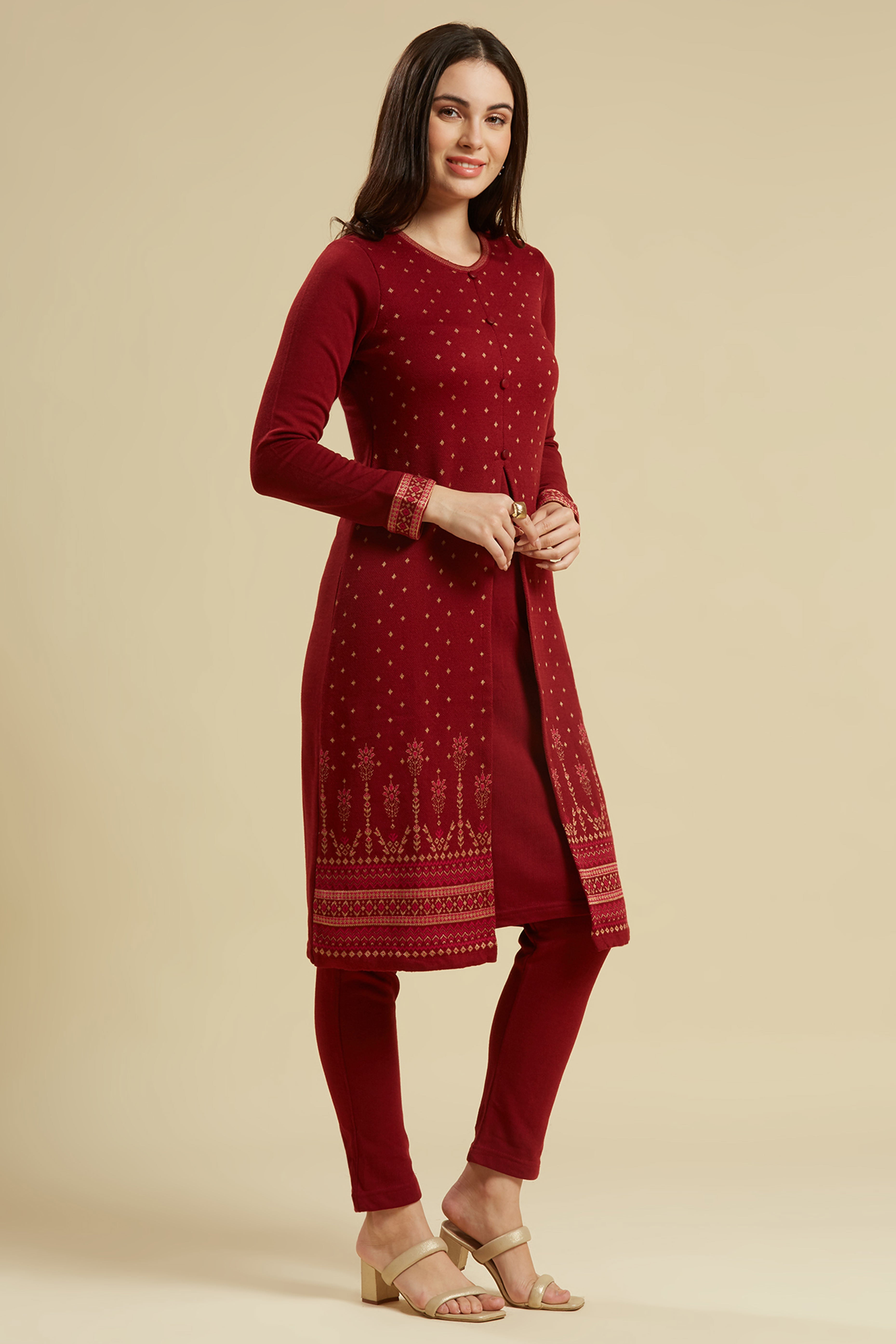 Peachmode Maroon Floral Woolen Top Bottom Set - view 5