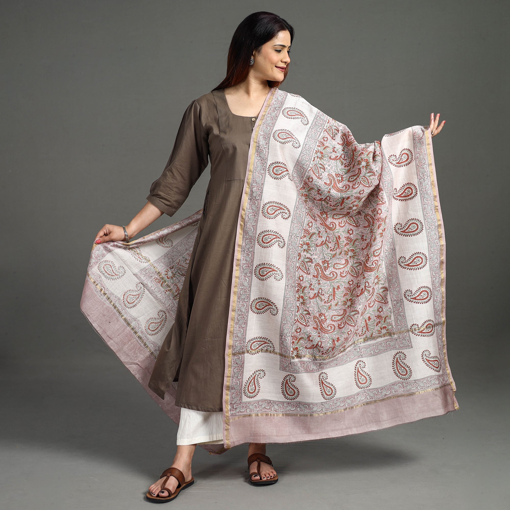 ARTISAN HAND BLOCK PRINTS Brown - Handloom Chanderi Silk Sanganeri Print Dupatta 42 - view 2