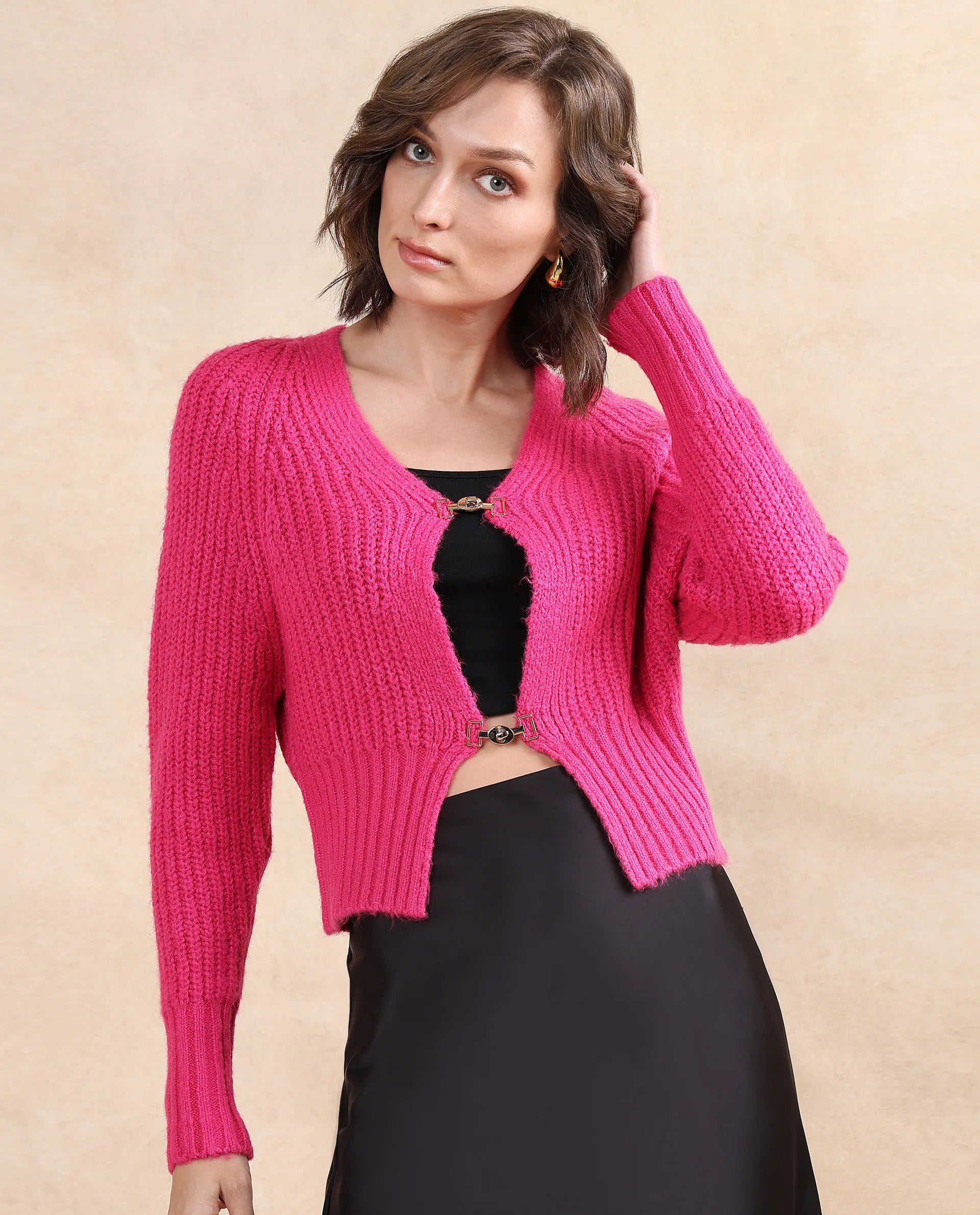 Rareism Women Okali Pink Relaxed Fit Plain Cardigan