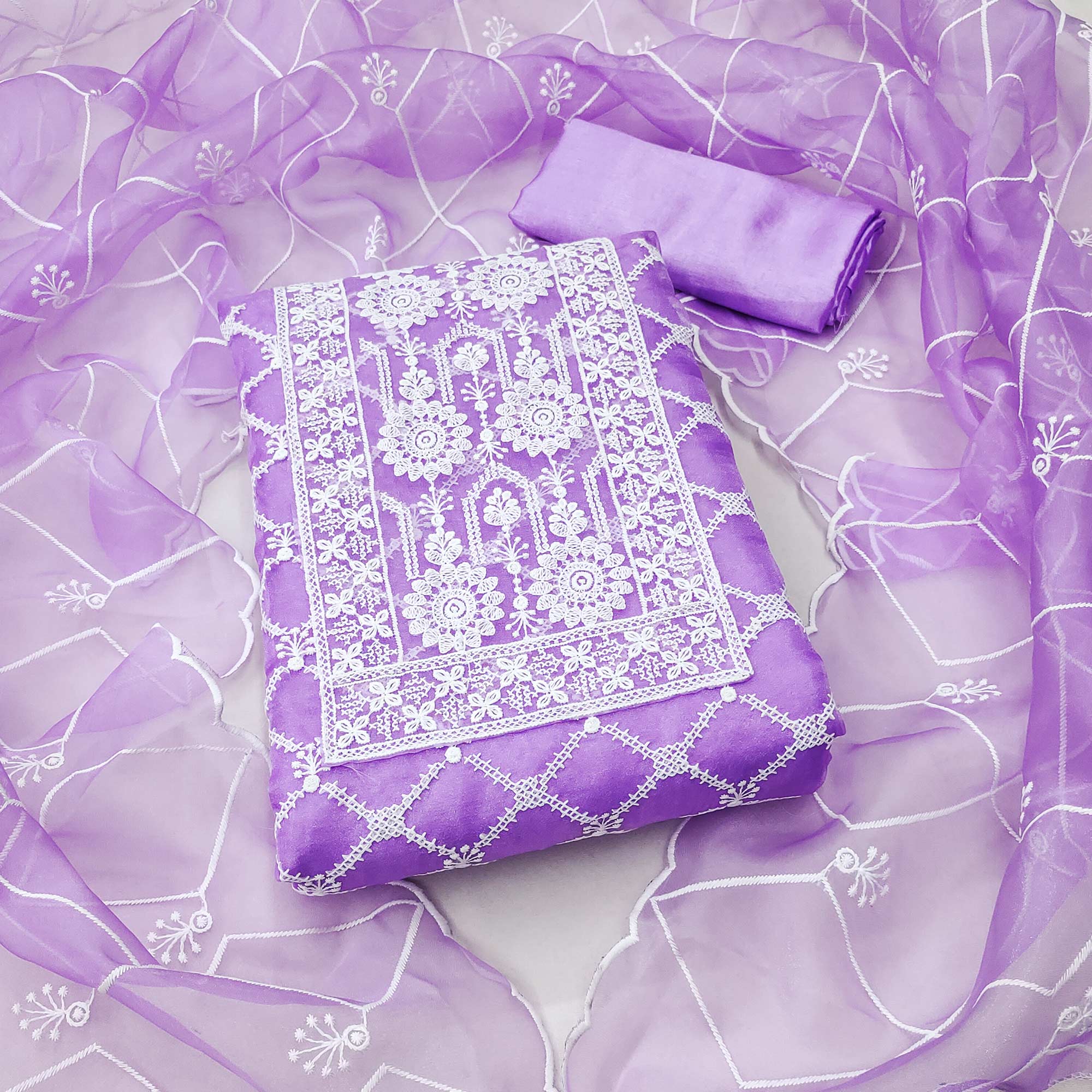 Peachmode Lavender Floral Embroidered Organza Dress Material