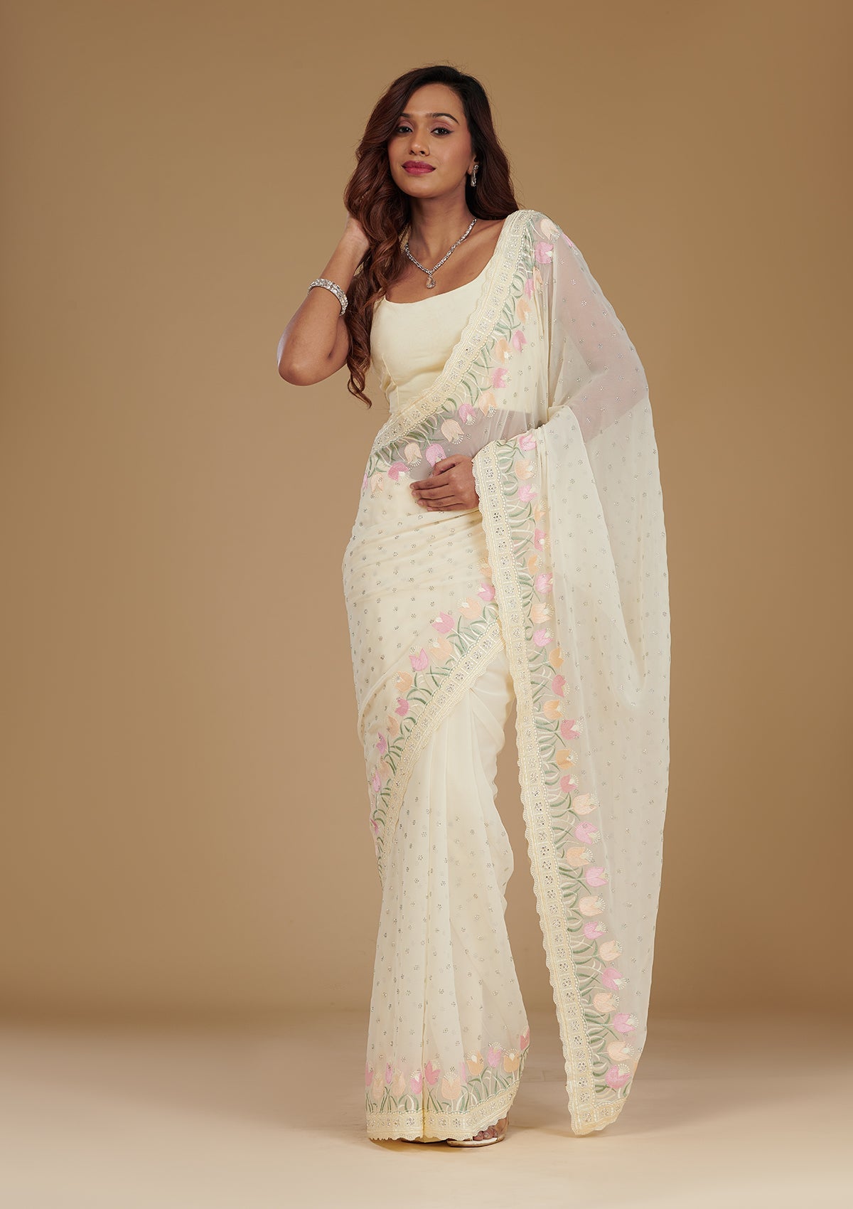 Koskii Cream Sequins Georgette Saree – Women's - view 3