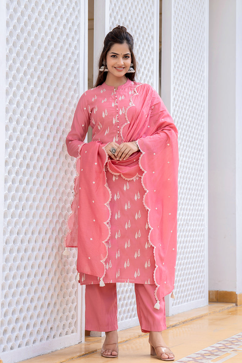 Ahika Pink Silk Blend Solid Embroidered Straight Suit Set With Trouser Bottom PKSKD2687