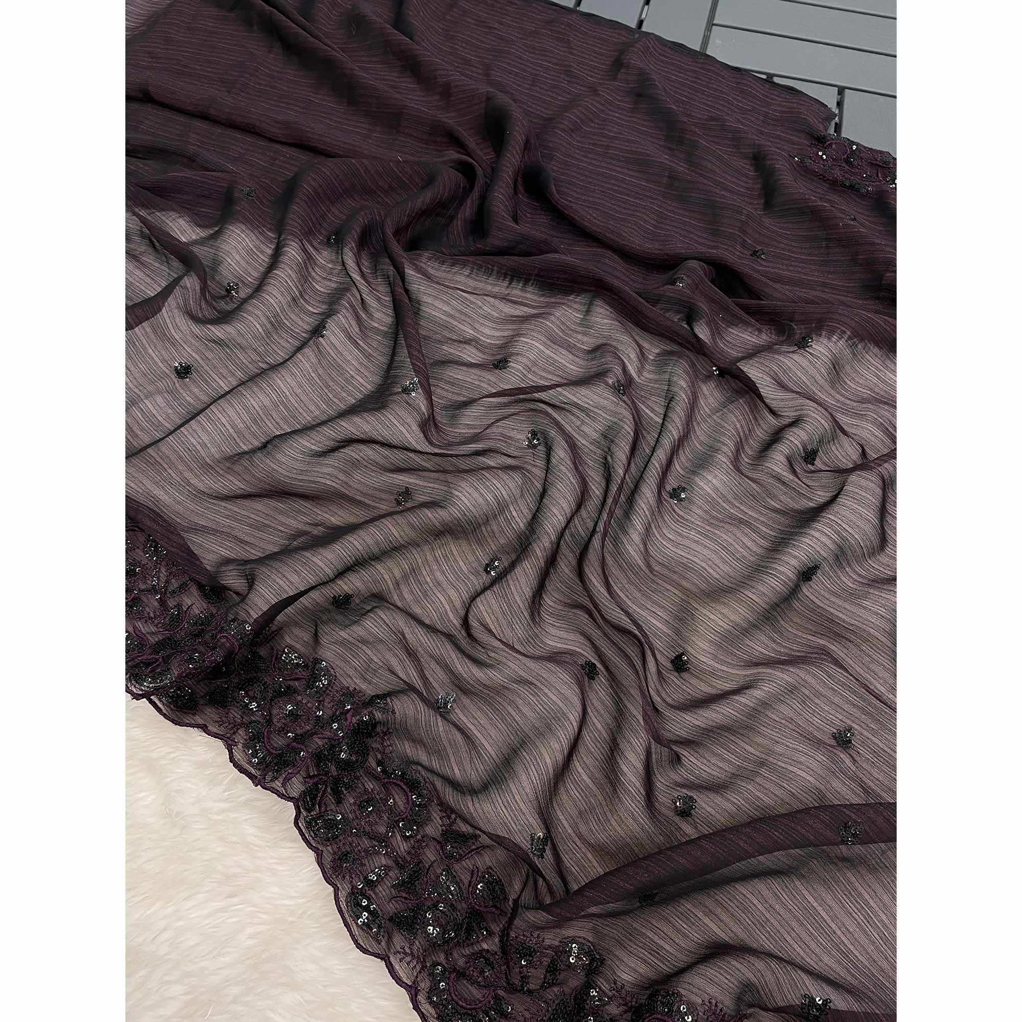 Peachmode Dark Wine Sequins Embroidered Chiffon Saree - view 5