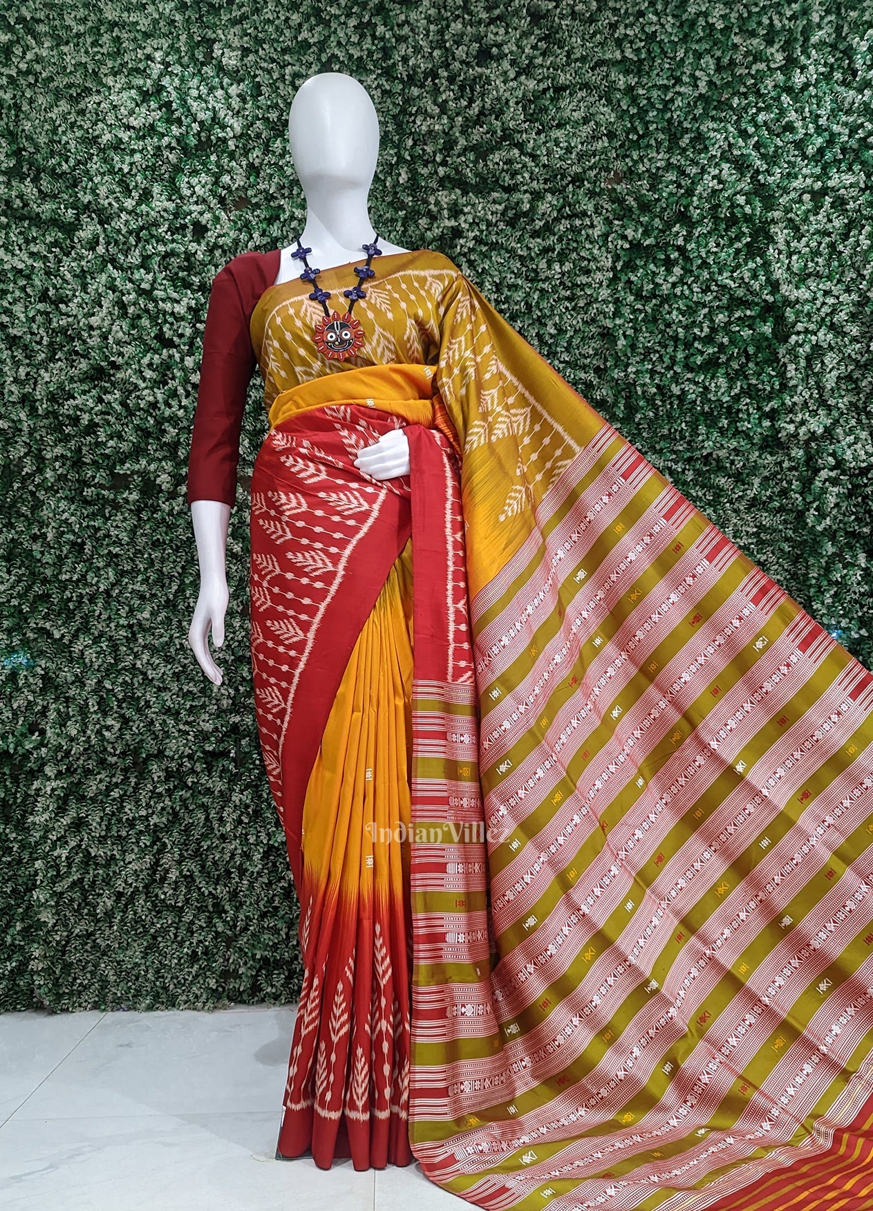 IndianVillèz Red Mustard Yellow Buti Contemporary Designer Silk Saree