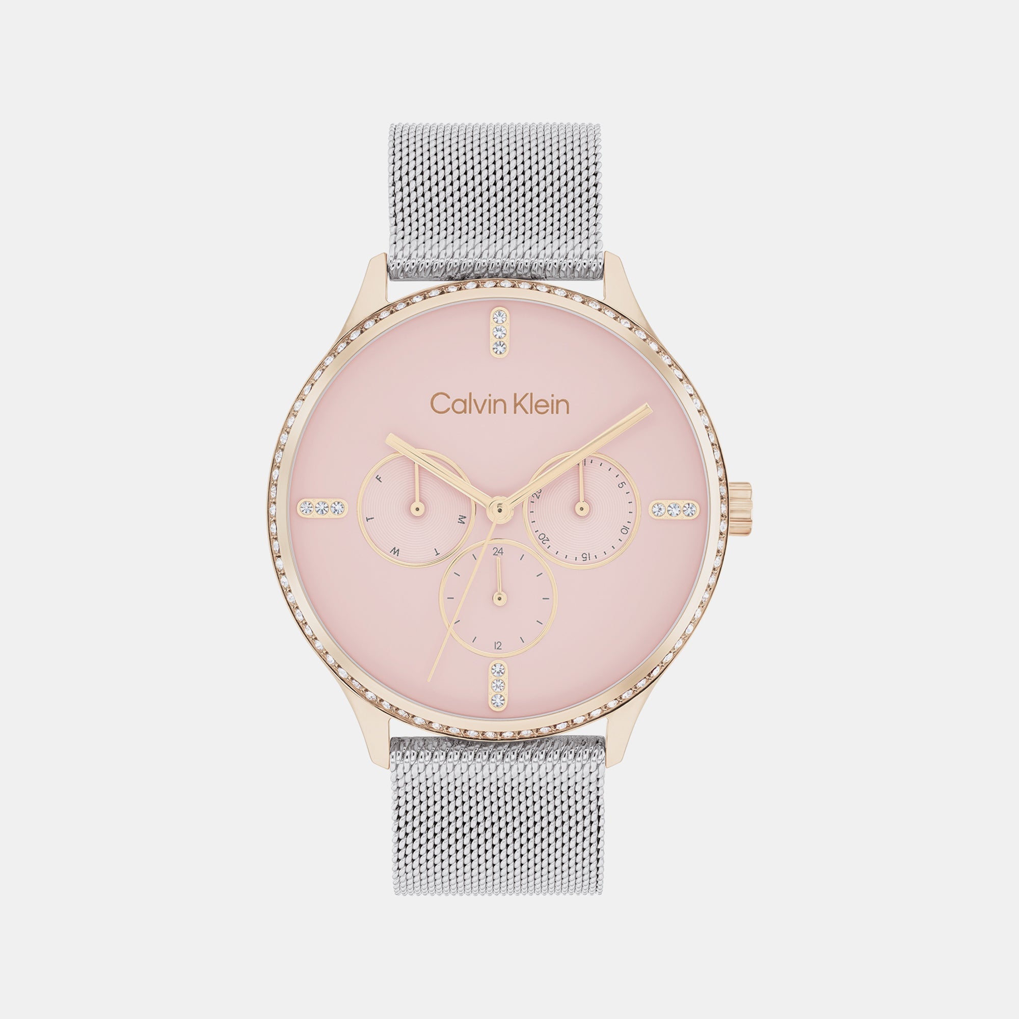 Calvin Klein Ck Dress Women Quartz Pink Dial Chronograph Mesh Watch 25200374