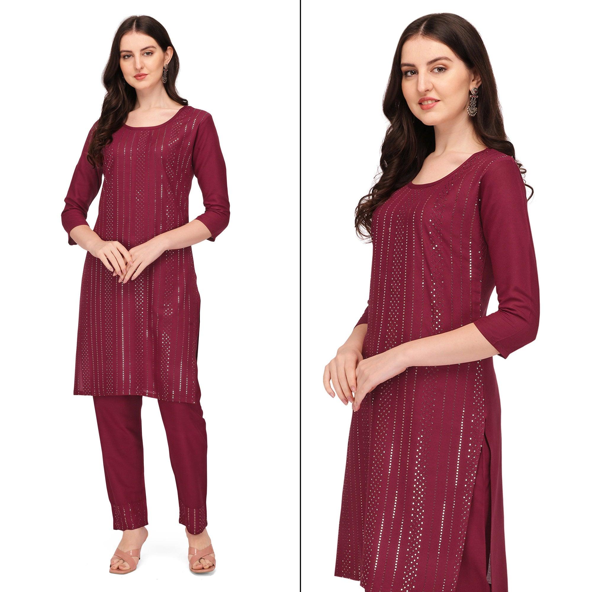 Peachmode Seller Maroon Sequins Embroidered Rayon Kurti Pant Set
