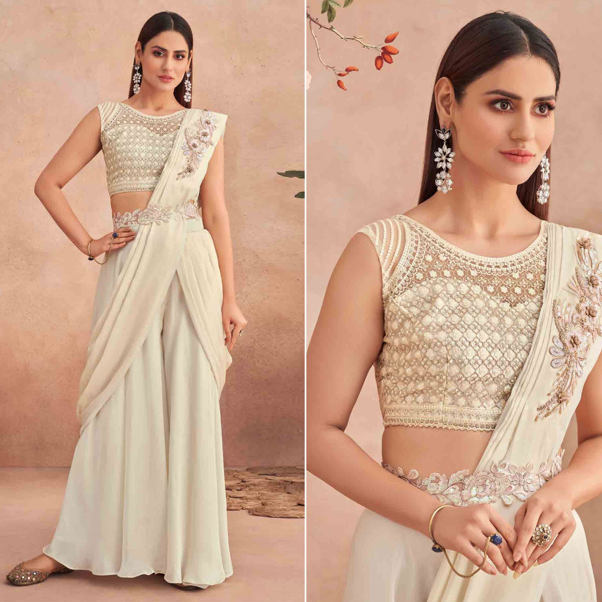 Peachmode Seller Cream Sequins Embroidered Ready to Wear Poly Satin Saree