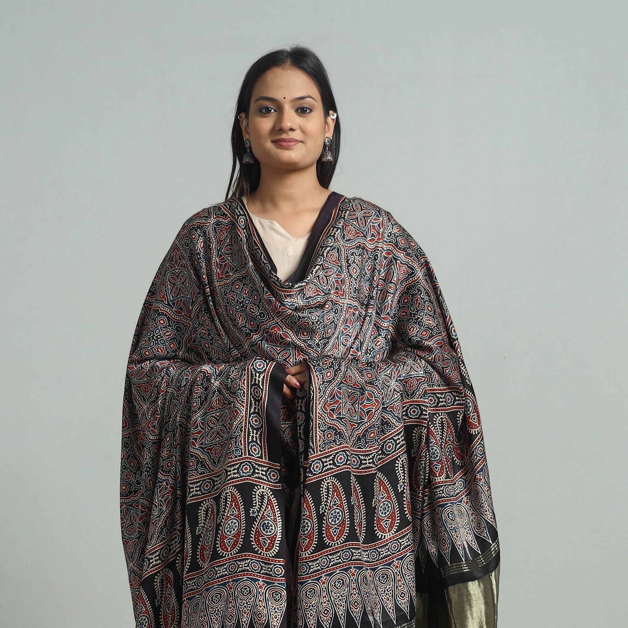 KACHCHH JI CHHAAP Black - Modal Silk Block Print Ajrakh Dupatta 82 - view 3