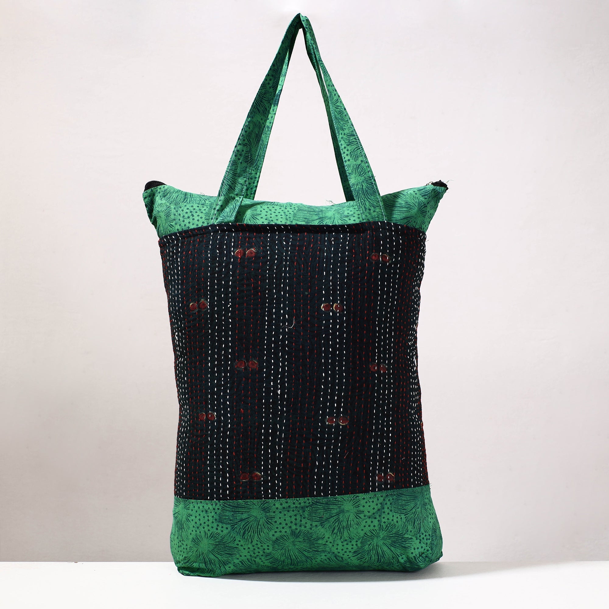 ARTISAN HAND BLOCK PRINTS Black - Kantha Work Block Print Cotton Shopping Bag