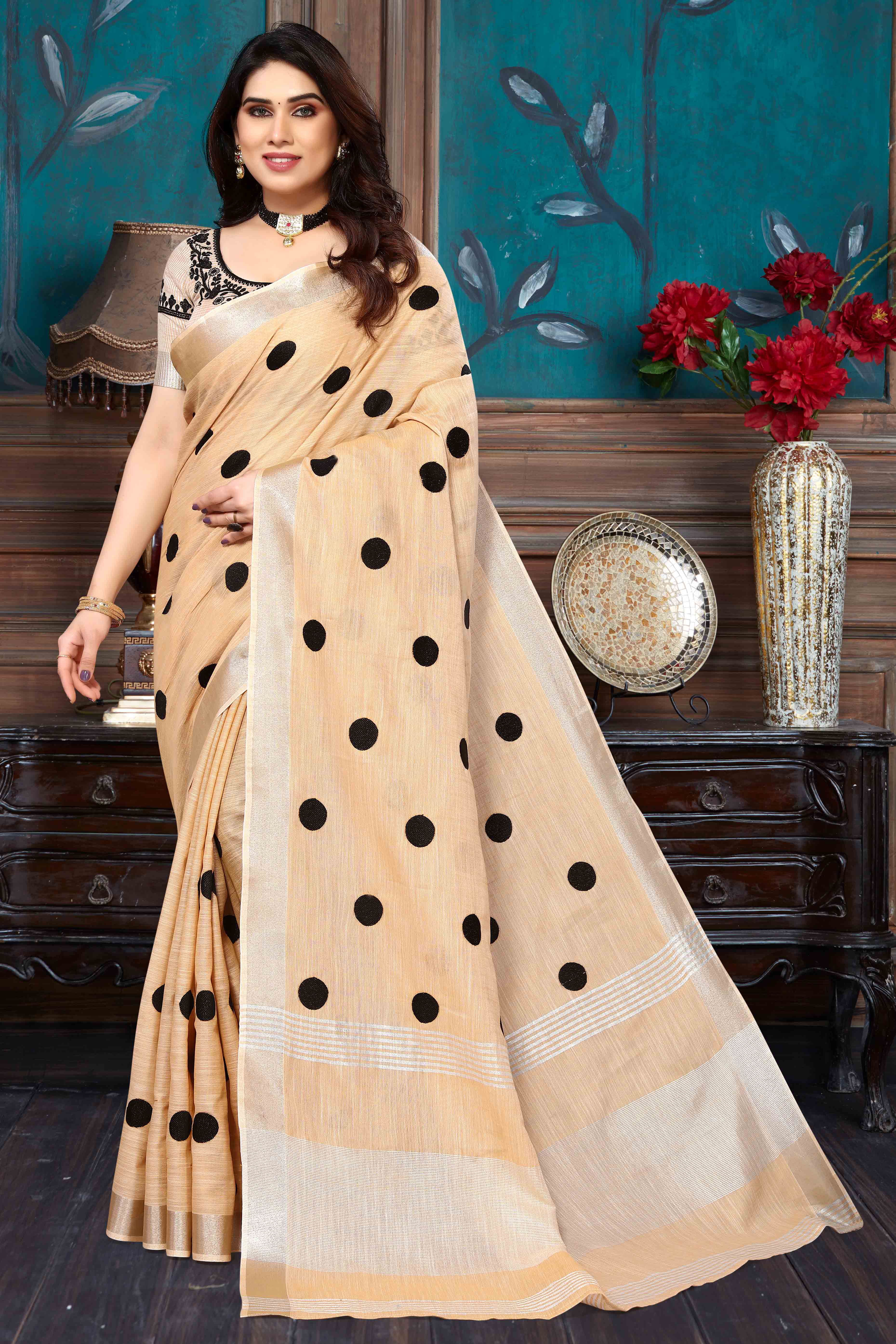 Peachmode Light Orange Embroidered Linen Cotton Saree With Zari Border