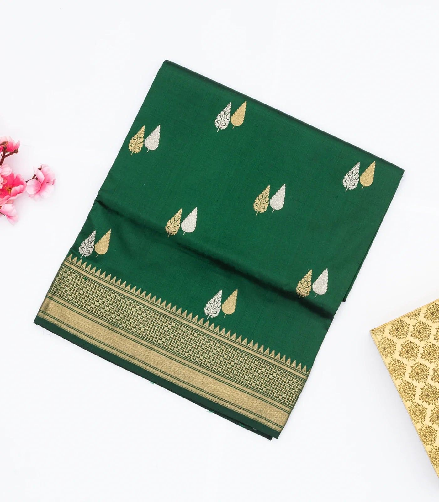 RmKV Dark Green Handloom Banarasi Silk Saree With Gold & Silver Zari Buttas - view 5